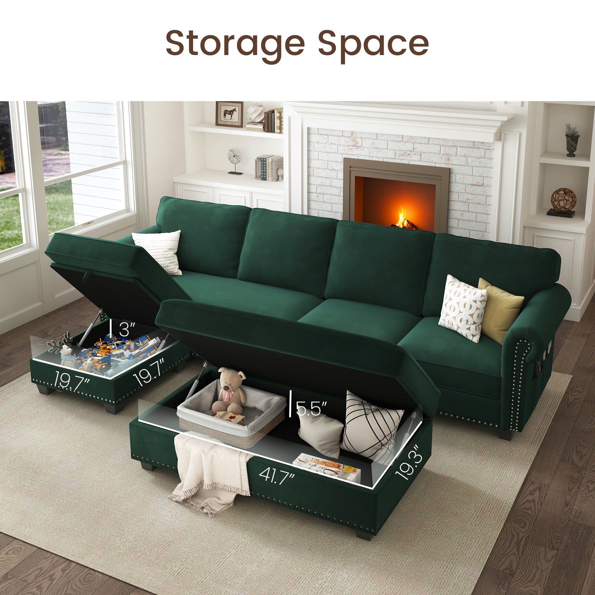 NOLANY 5-Piece Velvet Convertible Sectional With Storage Ottoman #Color_Green