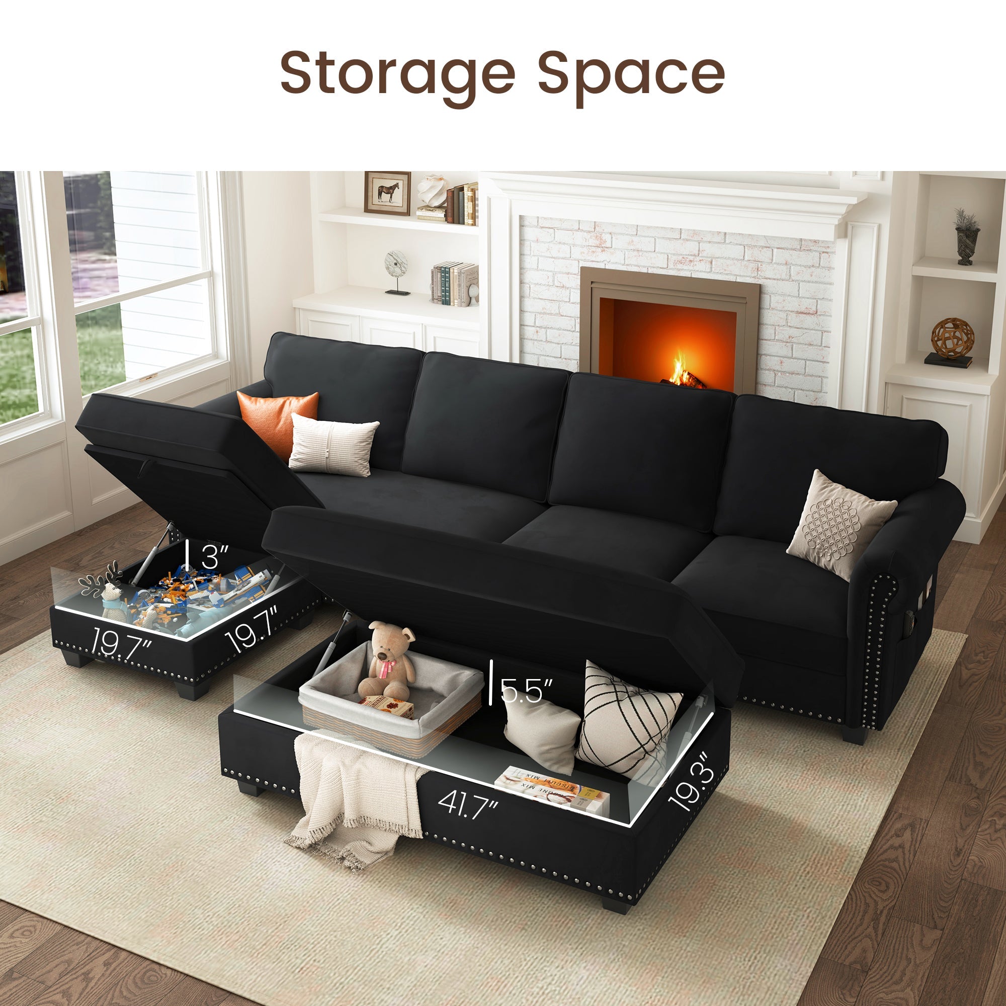 NOLANY 5-Piece Velvet Convertible Sectional With Storage Ottoman #Color_Black
