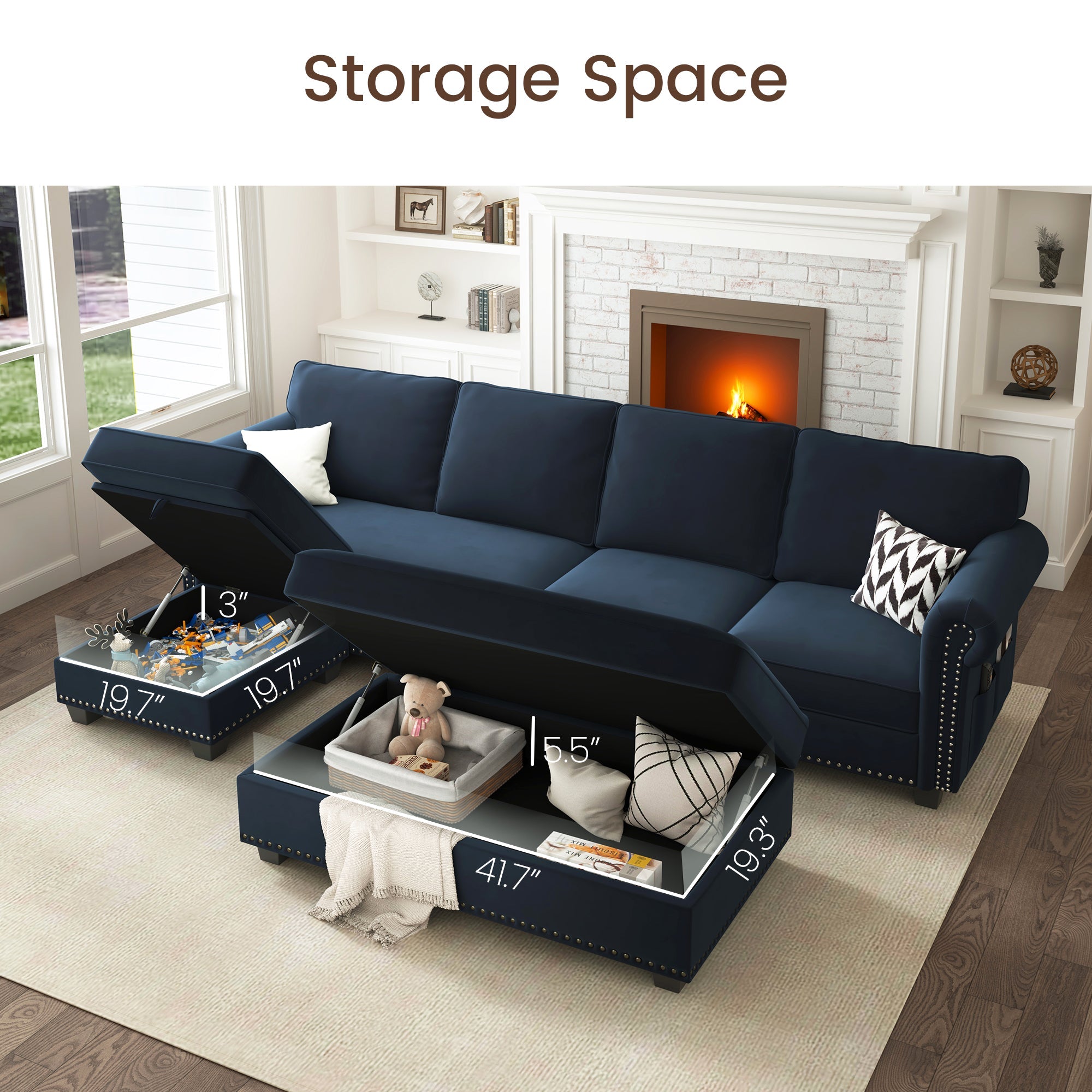 NOLANY 5-Piece Velvet Convertible Sectional With Storage Ottoman #Color_Blue