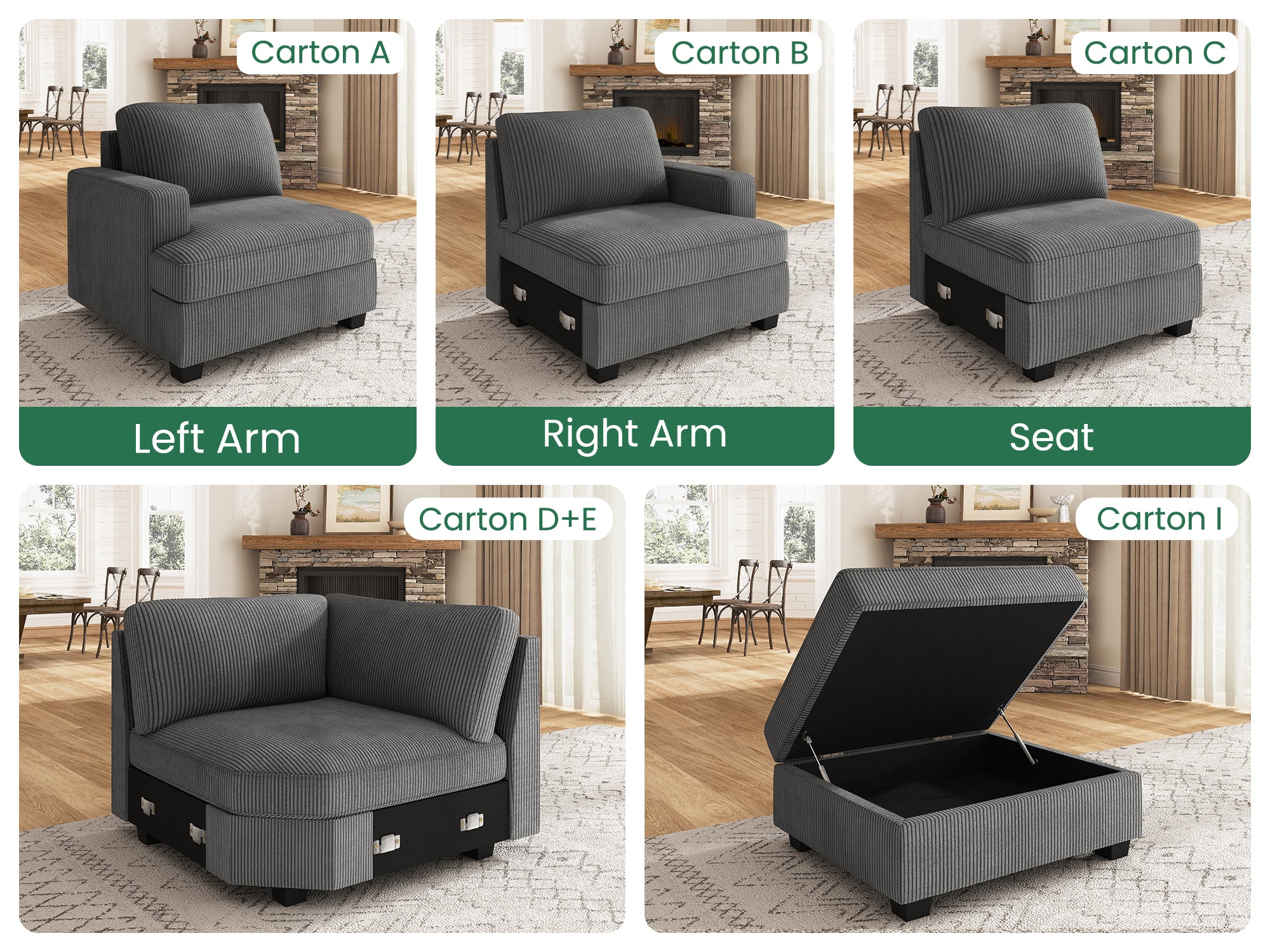 NOLANY 1 Piece Corduroy Modular Sectional Storage Ottoman