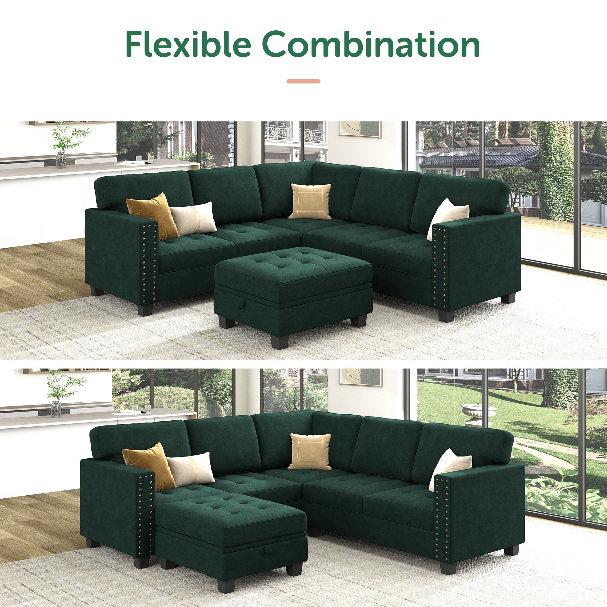 HONBAY Velvet Corner Sectional Sofa with Reversible Storage Lid Ottoman #Color_Green