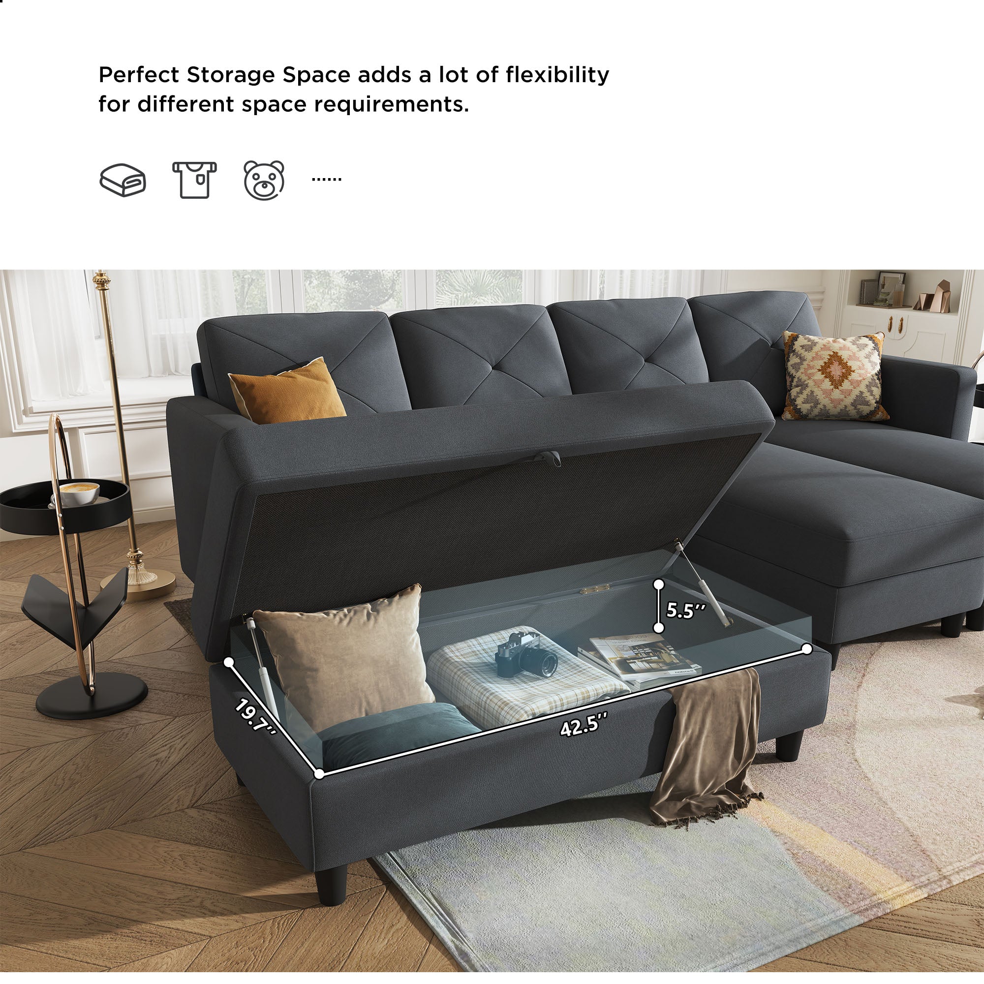 HONBAY Storage Ottoman for U-Shaped Sectional Sofa Couch