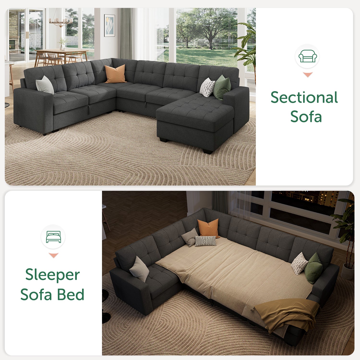 HONBAY 6-Piece Polyester Sleeper Sectional With Storage Space #Color_Light Grey Style II