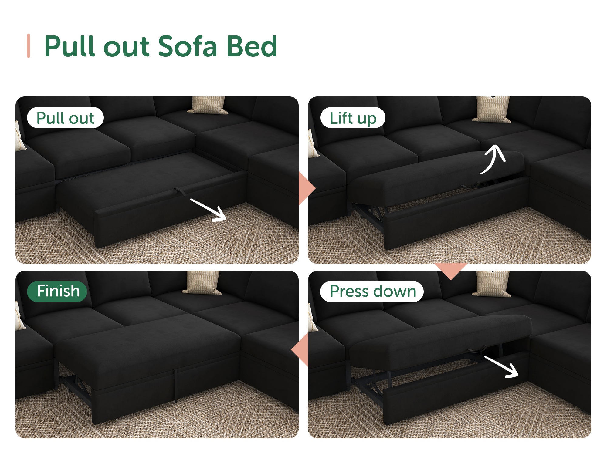 HONBAY Sleep Modular Sofa 7-Seat Sofa Bed with 4-Storage Space #Color_Velvet Black