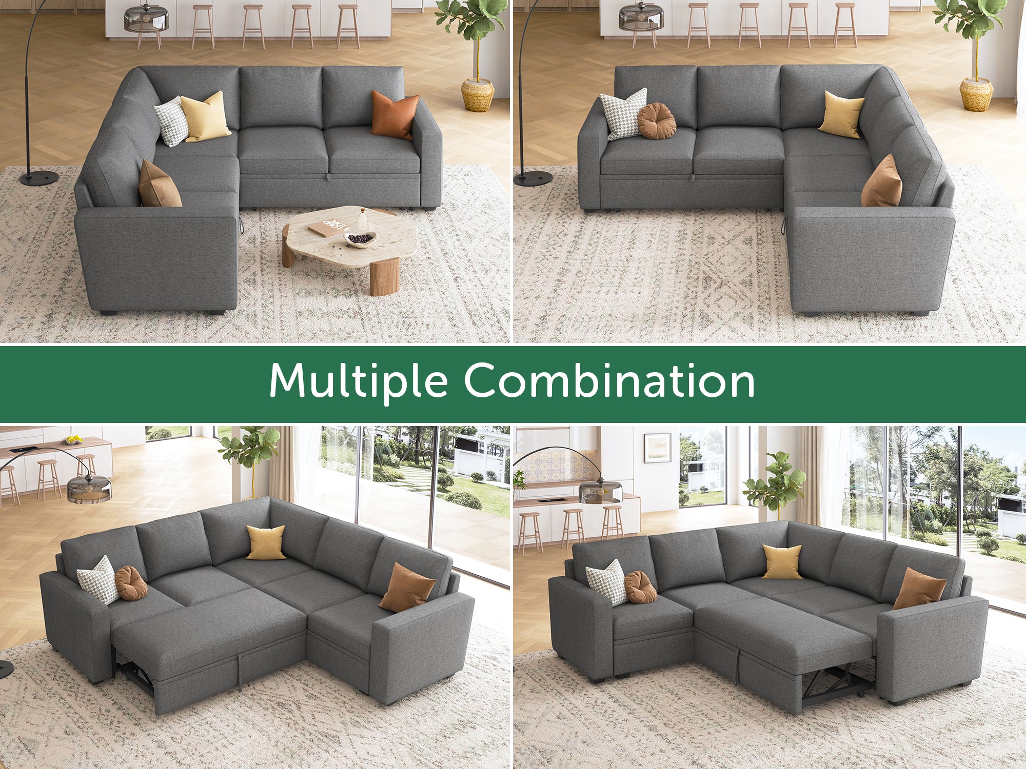 HONBAY 5-Piece Polyester Modular Sleeper Sectional With Storage Space #Color_Dark Grey