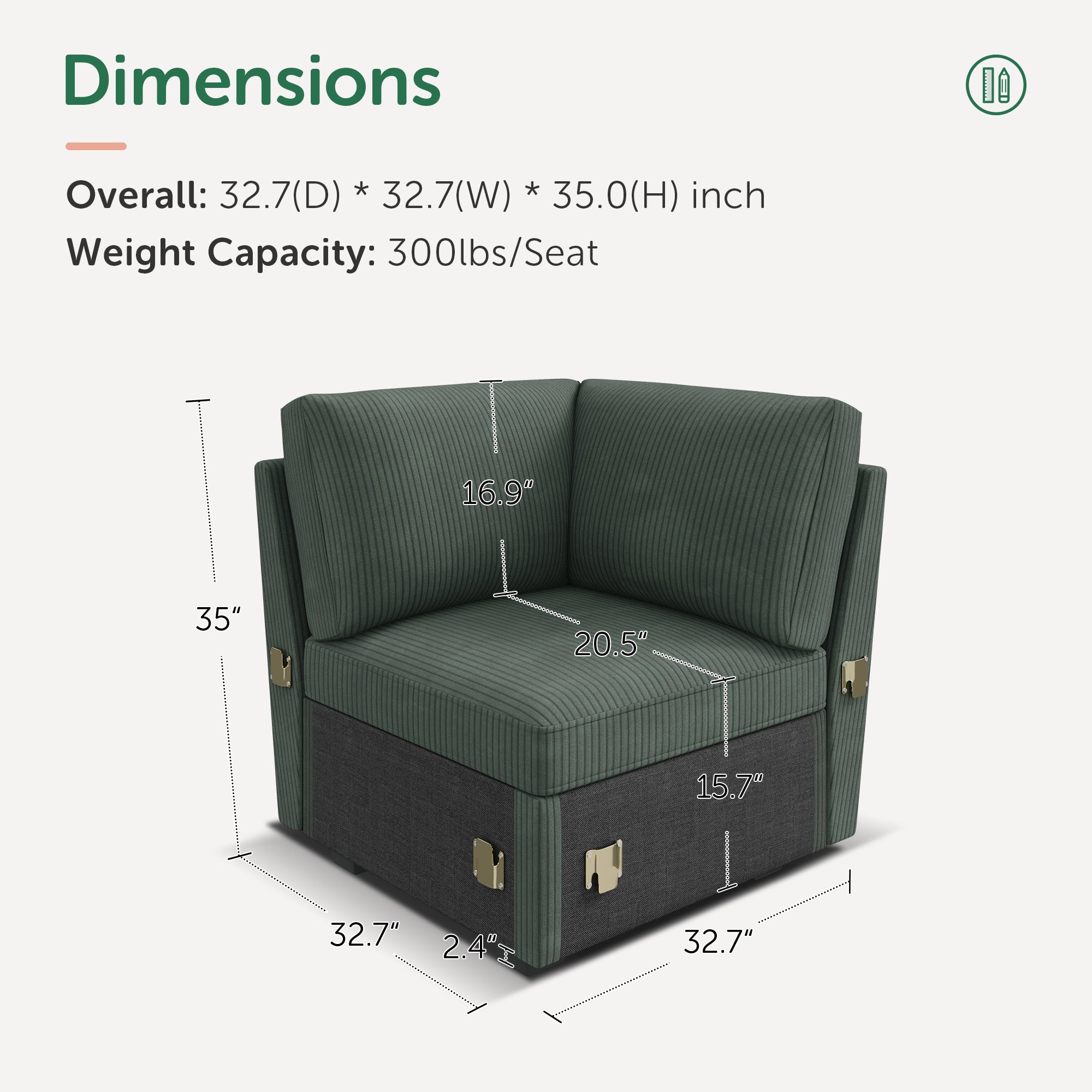 1 Piece Modular Sectional Corner Seat With Dimensions
#Color_Corduroy Green