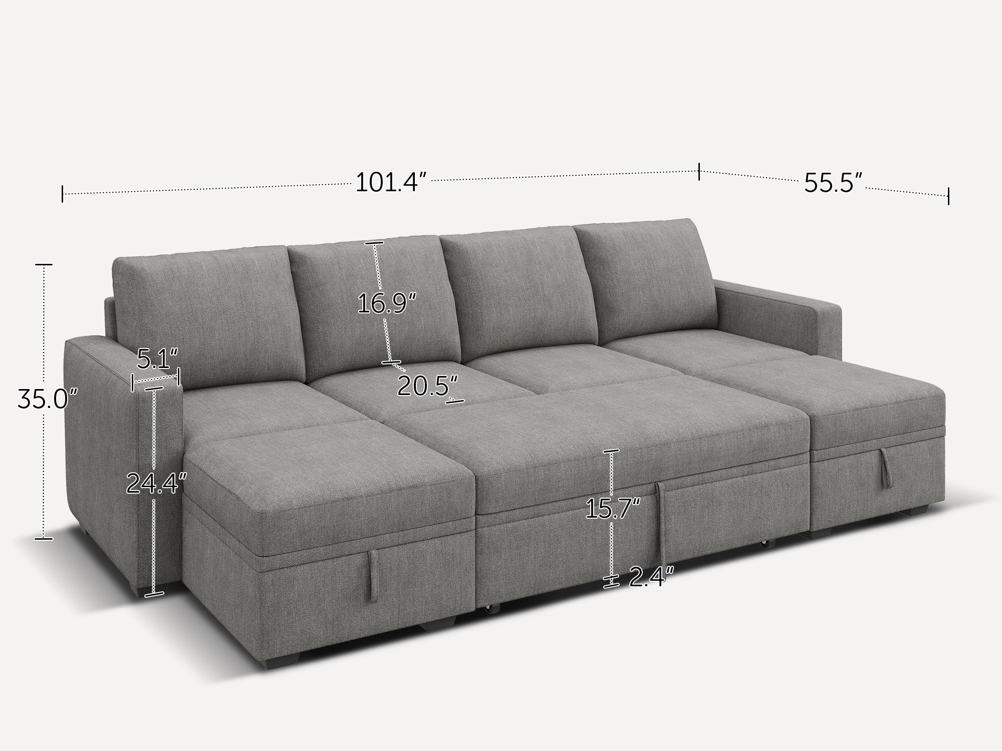 HONBAY Sleep Modular Sofa 6-Seat Sofa Bed with 4-Storage Space #Color_Warm Grey