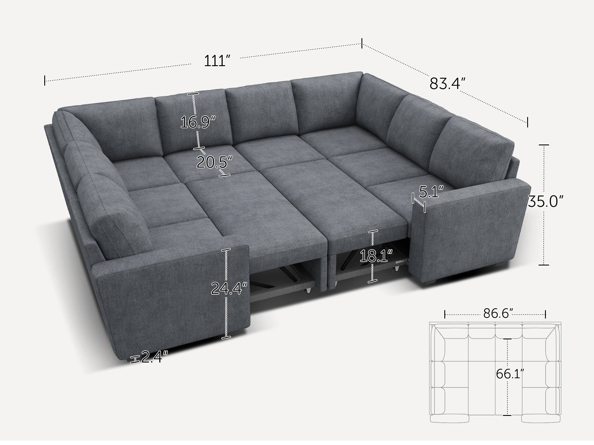 HONBAY Sleep Modular Sofa 8-Seat Sofa Bed with 2-Storage Space #Color_Bluish Grey