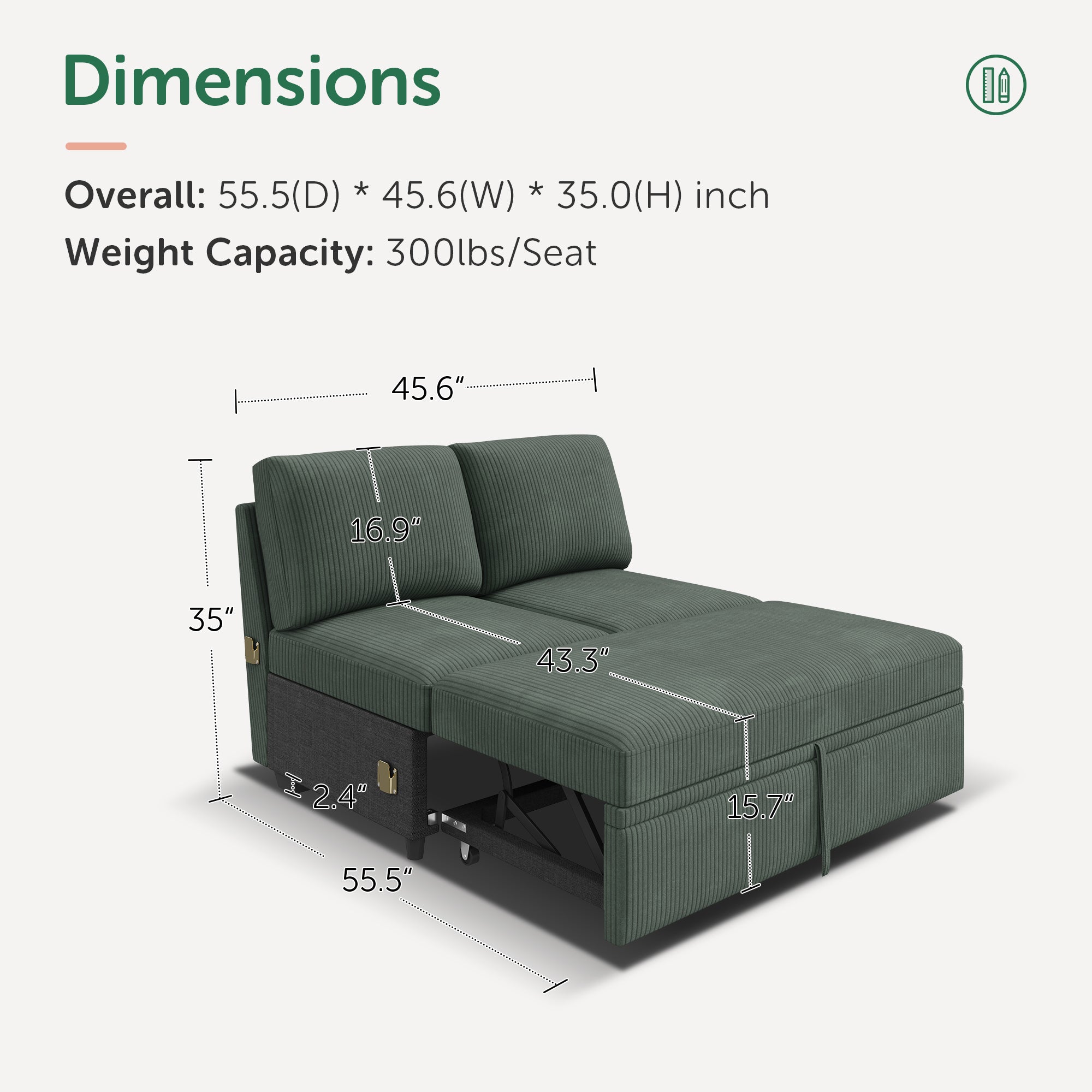 HONBAY 1 Piece Modular Sectional Pull Out Bed #Color_Corduroy Green