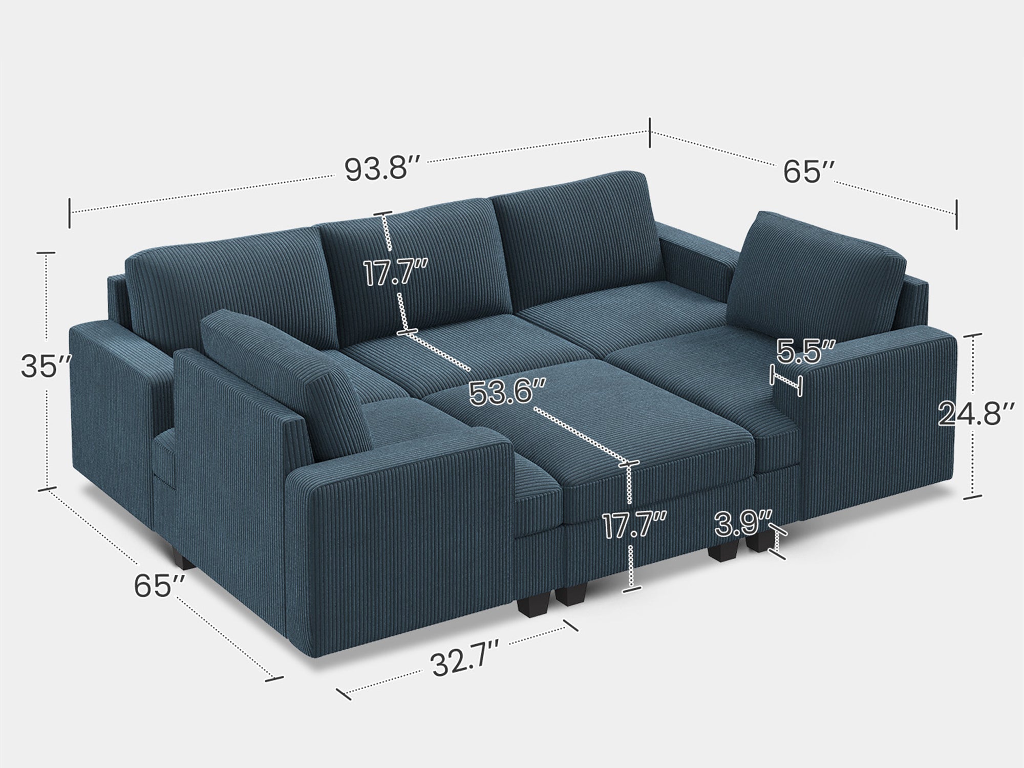 HONBAY 6-Piece Corduroy Modular Sleeper Lindyn Sectional With Storage Space #Color_Corduroy Blue