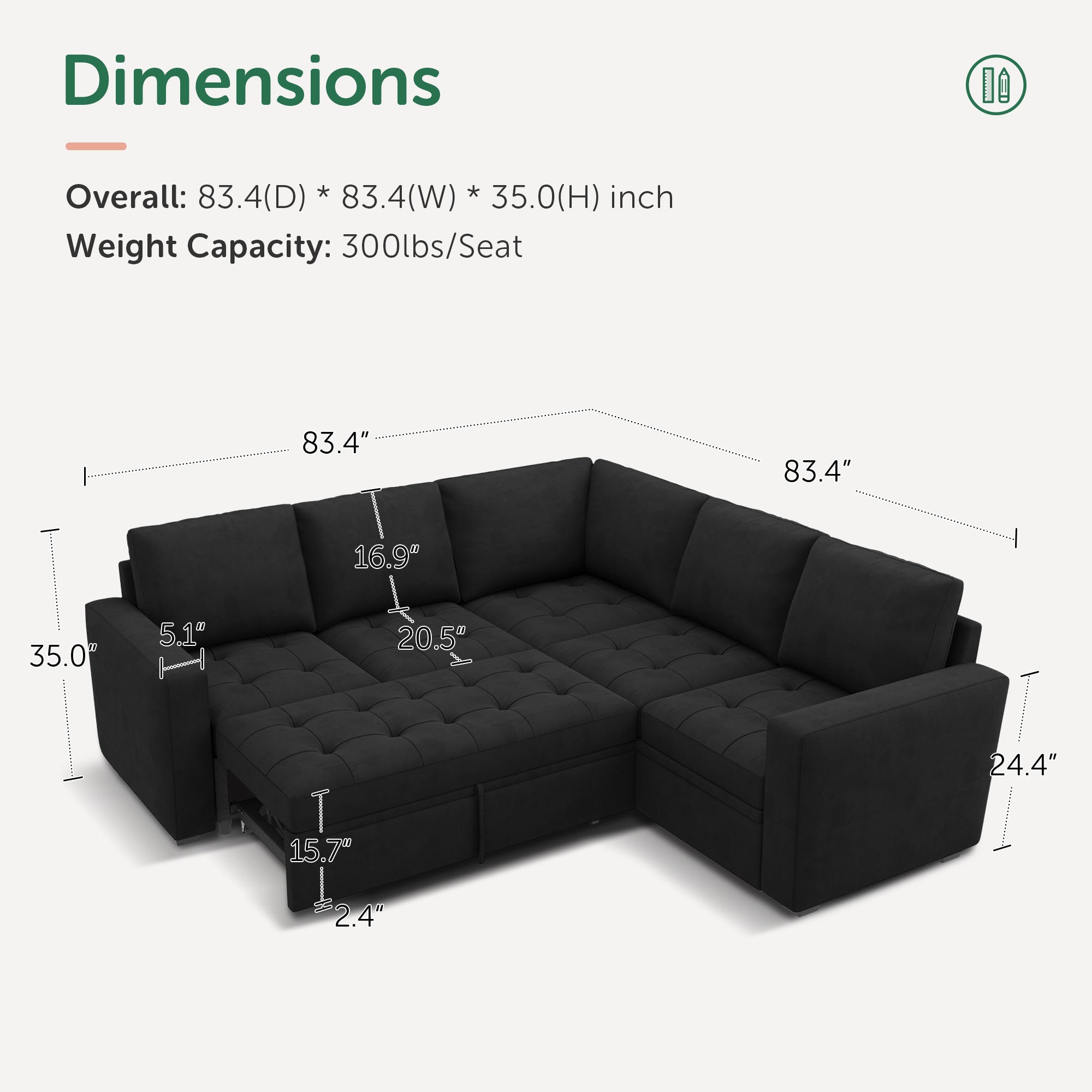 HONBAY 5-Piece Velvet Modular Sleeper Sectional Sofa With Storage Space