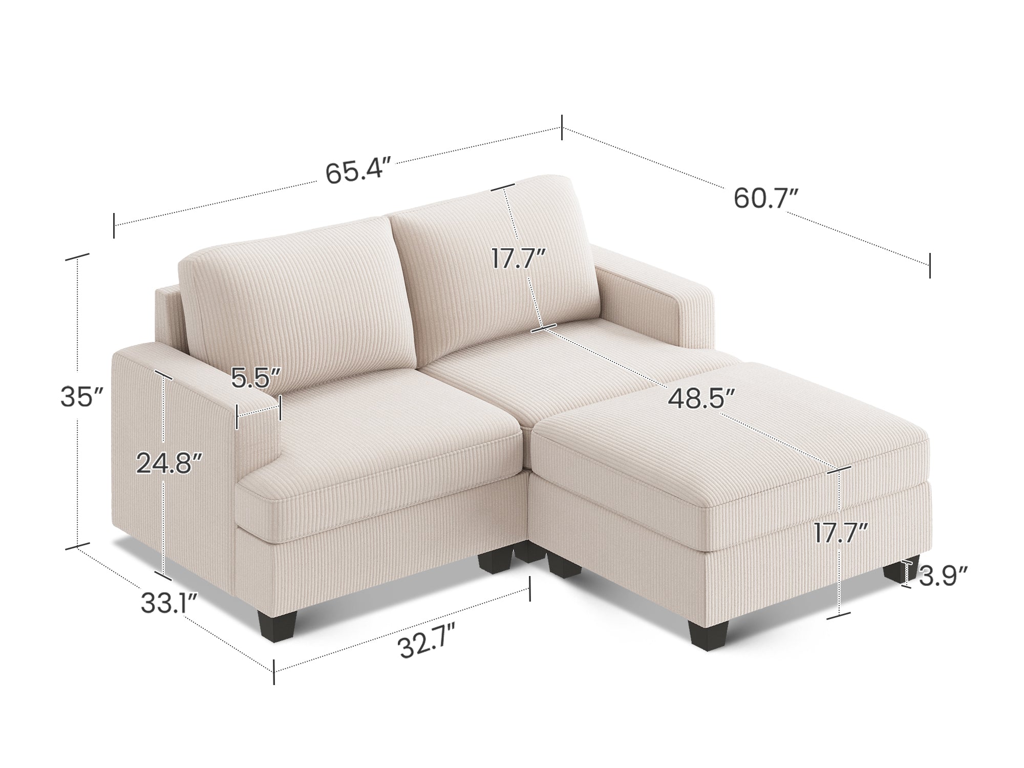 HONBAY 3-Piece Corduroy Modular Sectional Sofa With Storage Ottoman