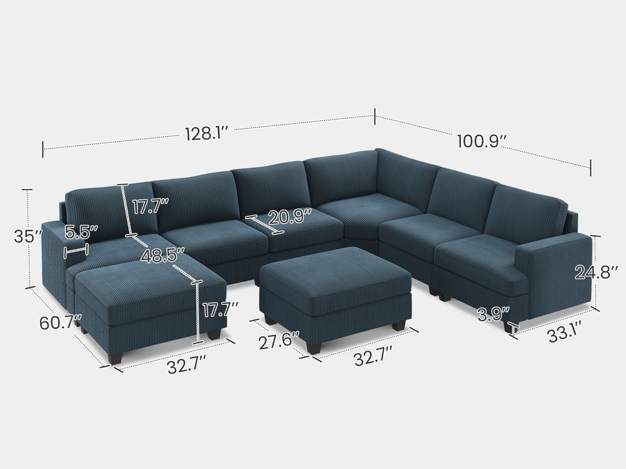 HONBAY 8 Piece Modular Sectional With Storage Ottoman #Color_Corduroy Blue