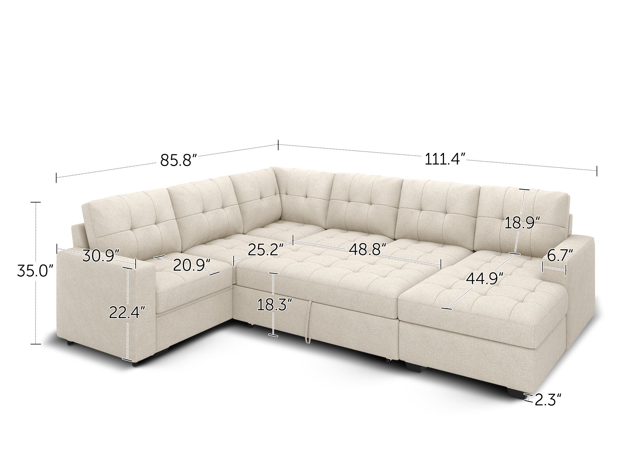 6-Piece Polyester Sleeper Sectional With Storage Space With DImensions #Color_Beige