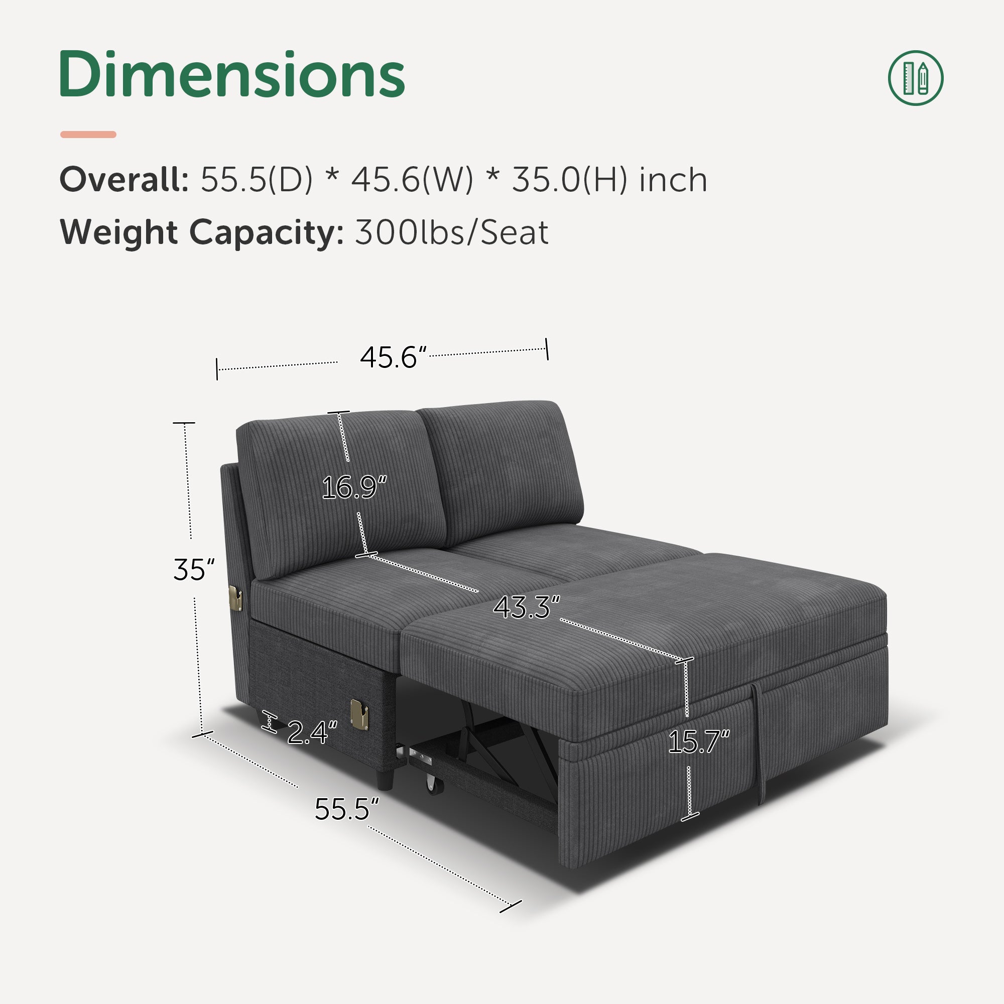 HONBAY 1 Piece Modular Sectional Pull Out Bed #Color_Corduroy Grey