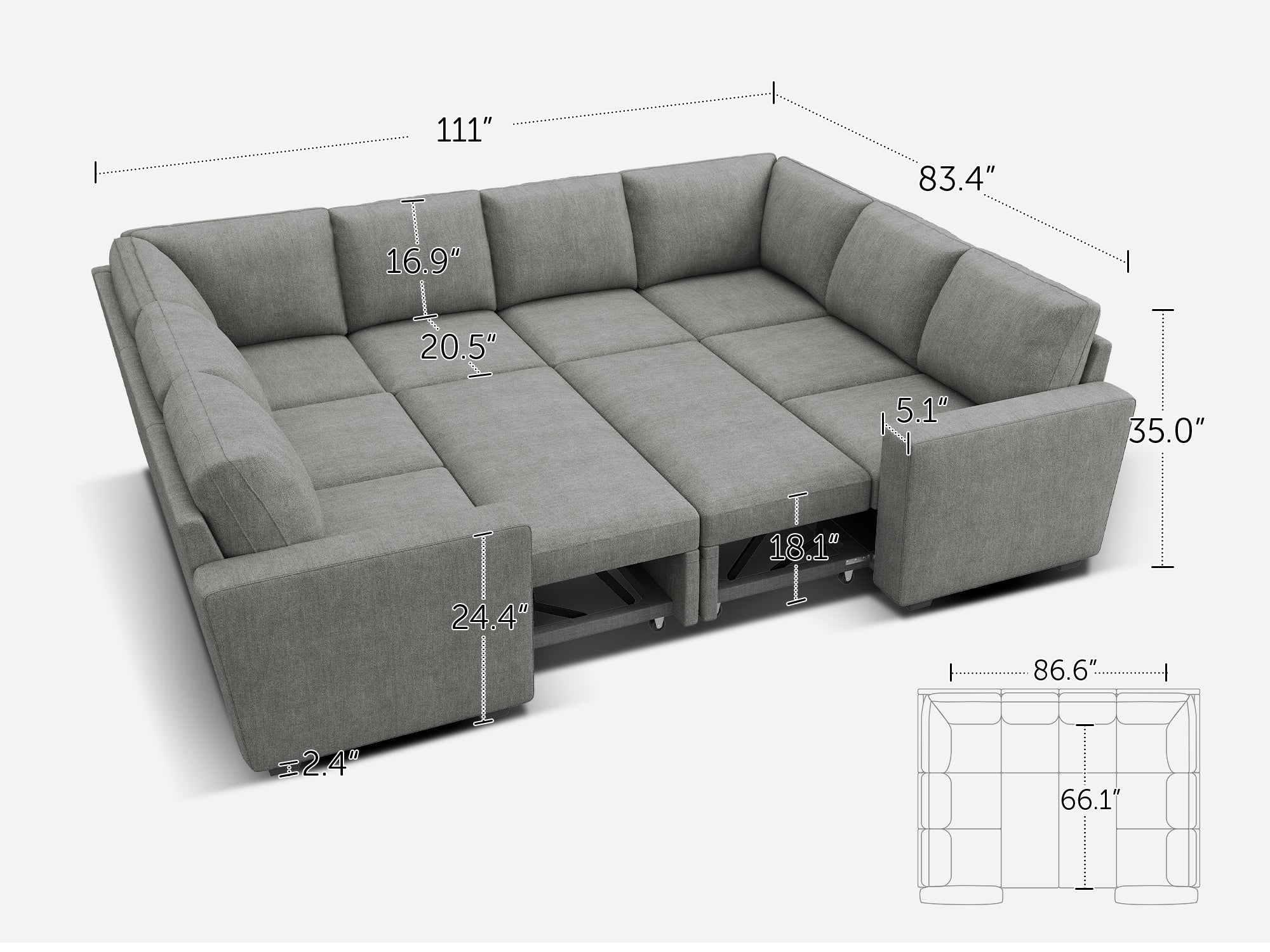 HONBAY Sleep Modular Sofa 8-Seat Sofa Bed with 2-Storage Space #Color_Warm Grey