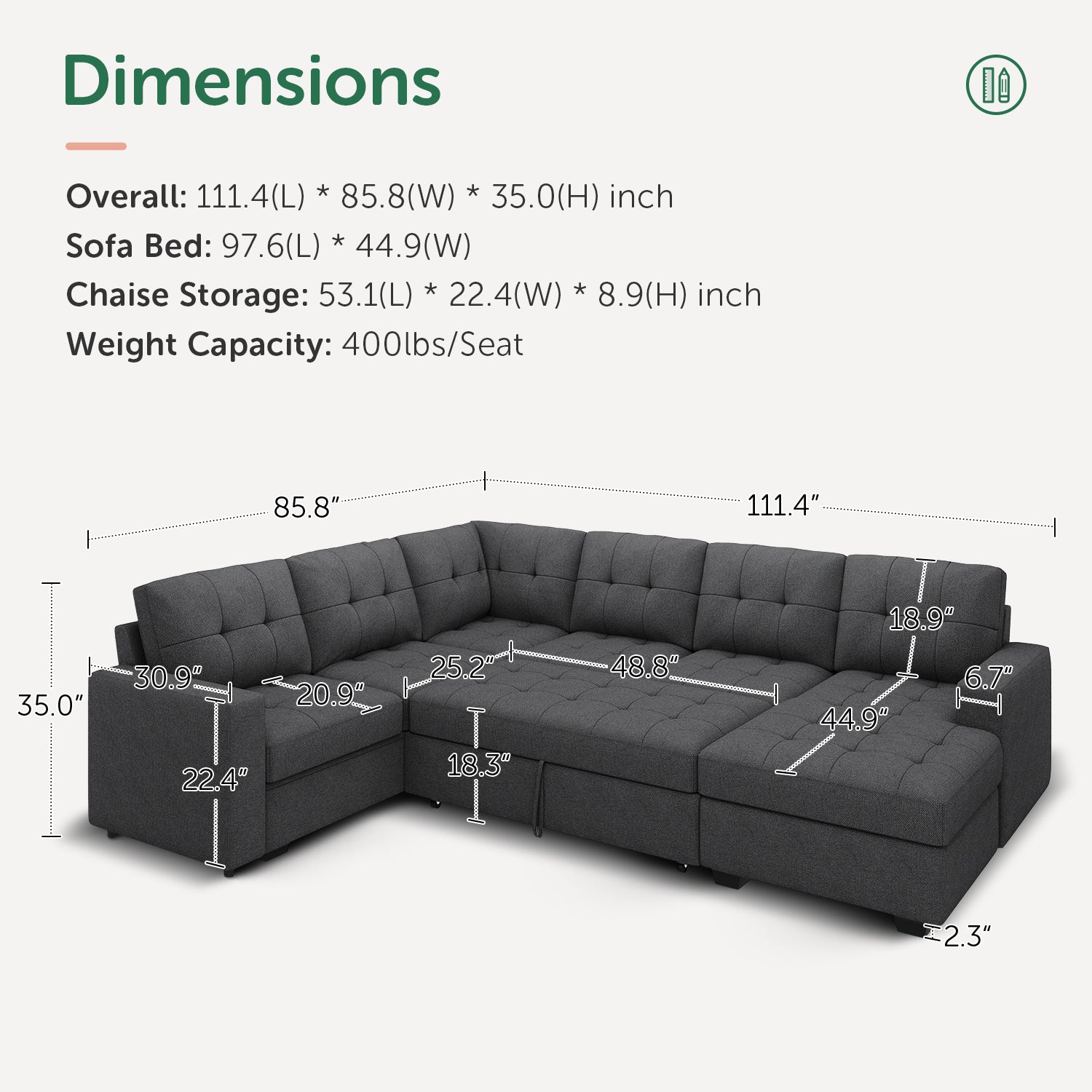 HONBAY 6-Piece Polyester Sleeper Sectional With Storage Space #Color_Light Grey Style II