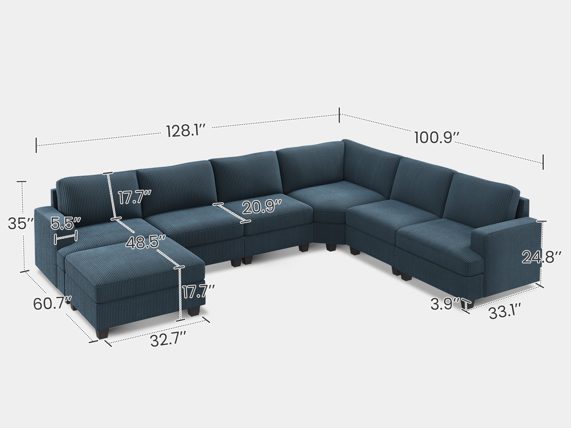 HONBAY 7-Piece Corduroy Modular Lindyn Sectional With Storage Ottoman #Color_Corduroy Blue