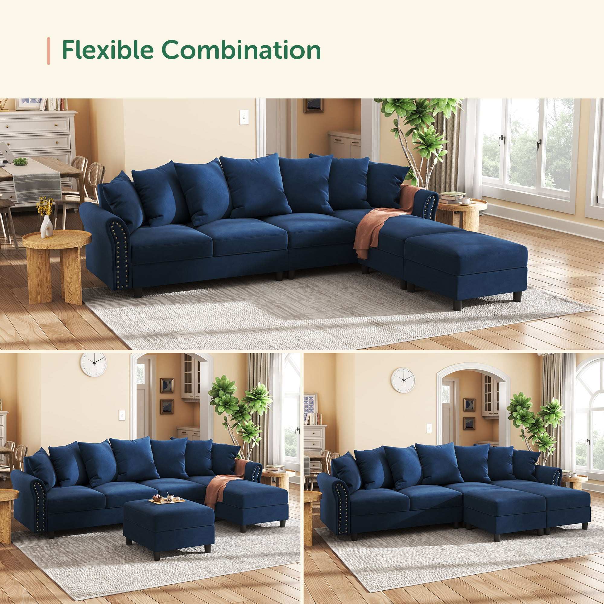 HONBAY Velvet 4-Seat Sofa U-Shaped Cushion Pillows Sectional Couch