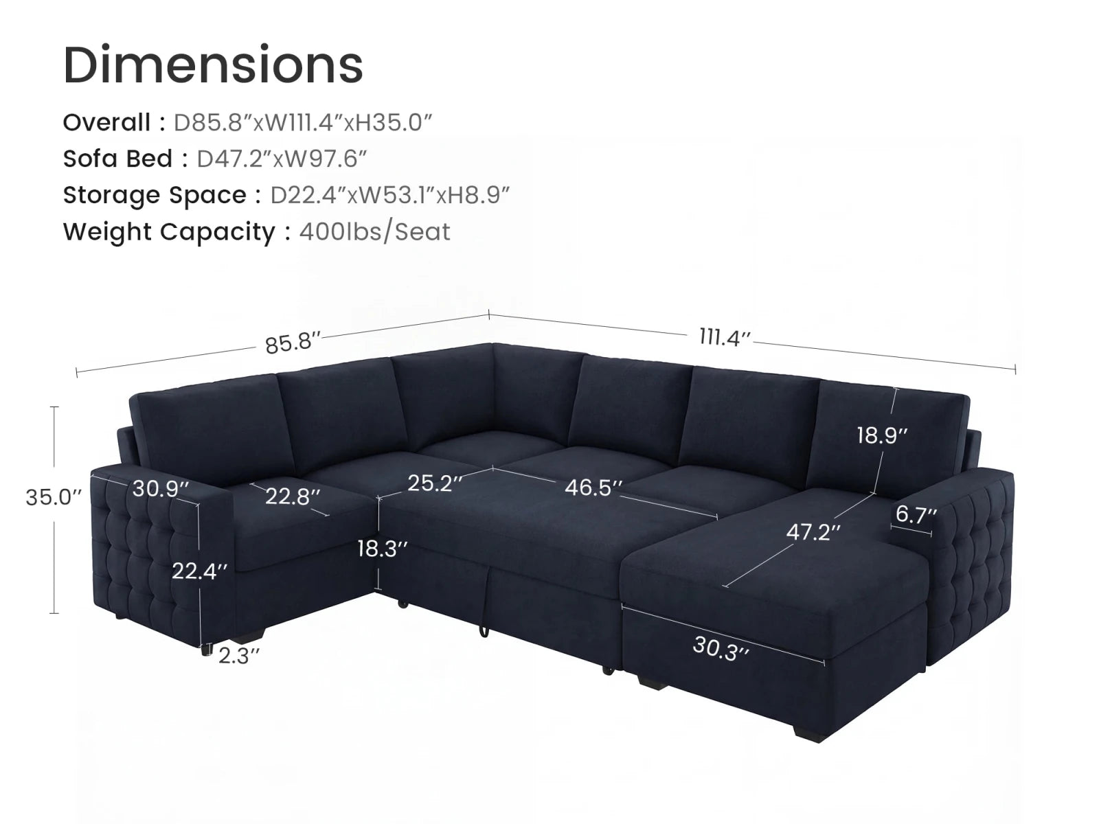 HONBAY 6-Piece Velvet Sleeper Sectional With Storage Space #Color_Dark Blue