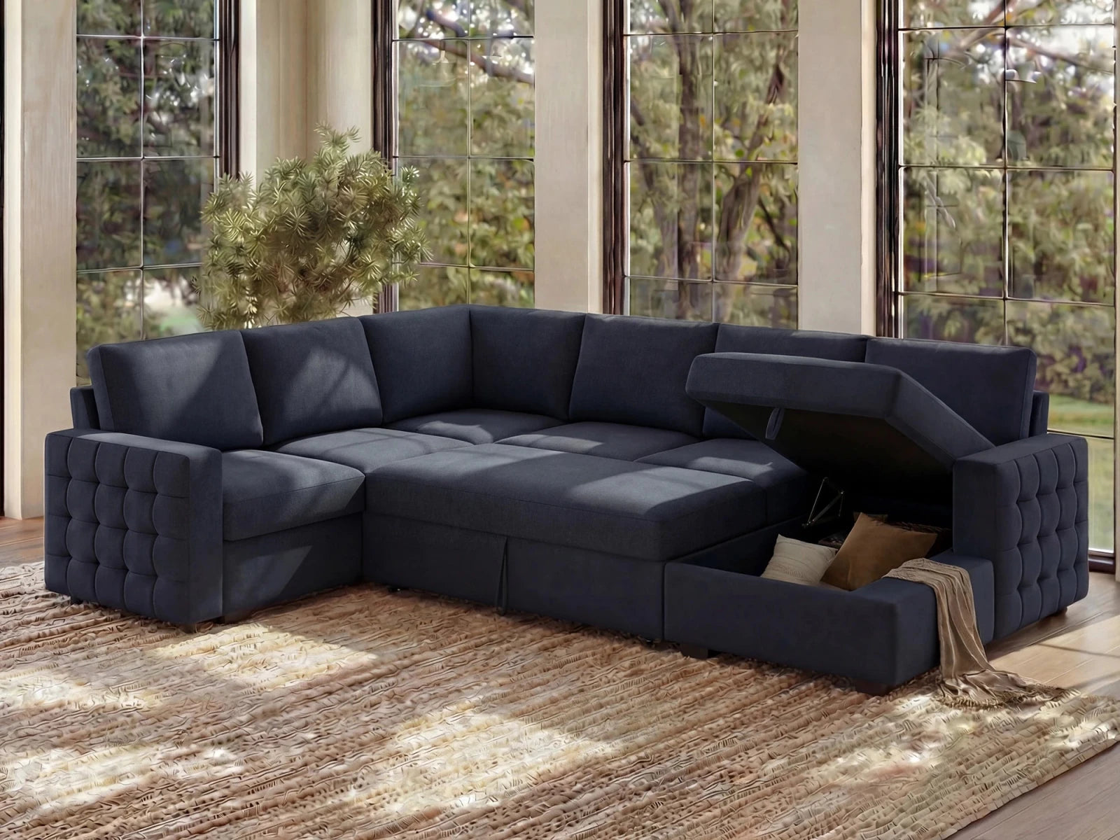 HONBAY 6-Piece Velvet Sleeper Sectional With Storage Space #Color_Dark Blue