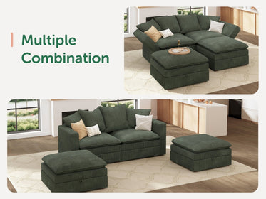 HONBAY 4-Piece Plush double-layer Cushion Corduroy Modular Sleeper Sectional Cloud Sofa
#Color_Corduroy Green