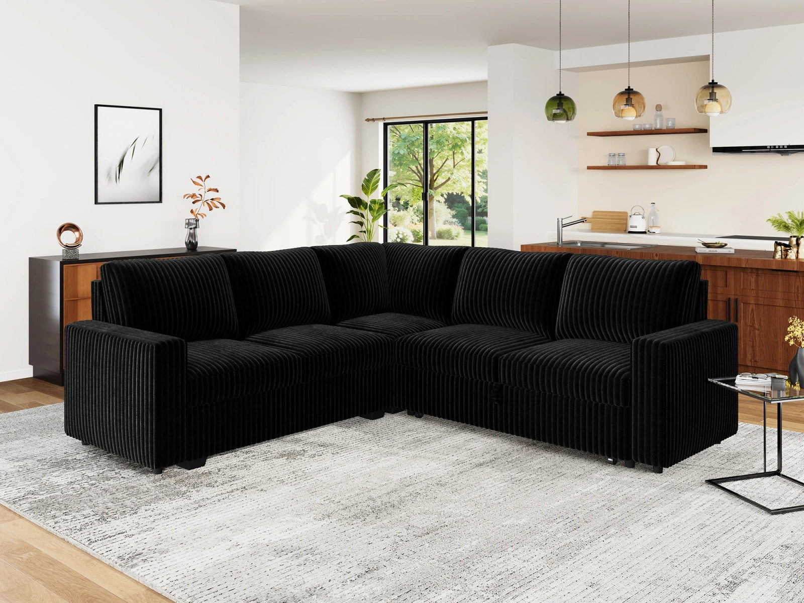 5-Piece Corduroy U-Shaped  Sleeper Sectional 
#Color_Wide Corduroy Black