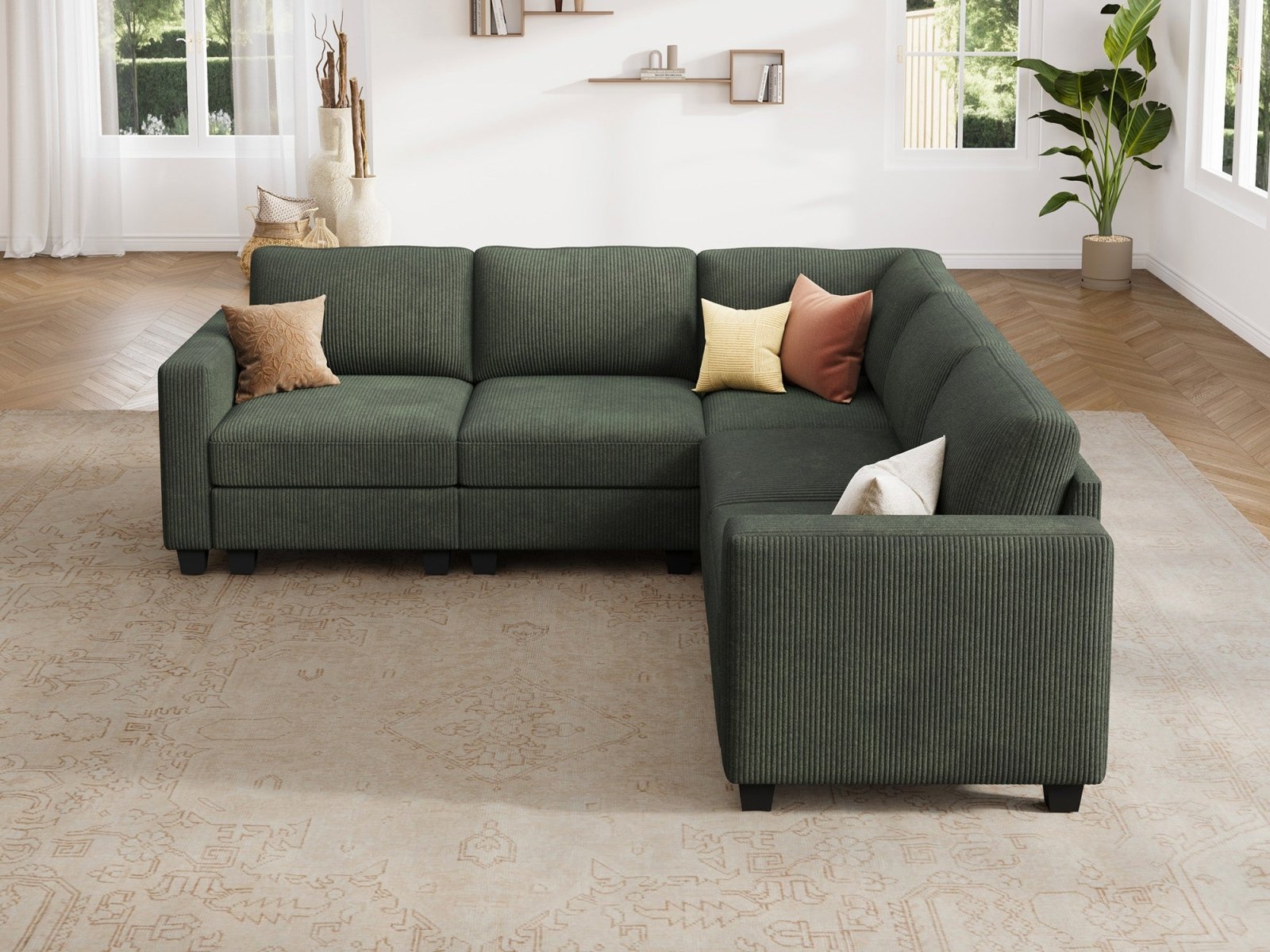 HONBAY 5-Piece Corduroy Modular L-Shaped Sectional Sofa
#Color_Corduroy Green