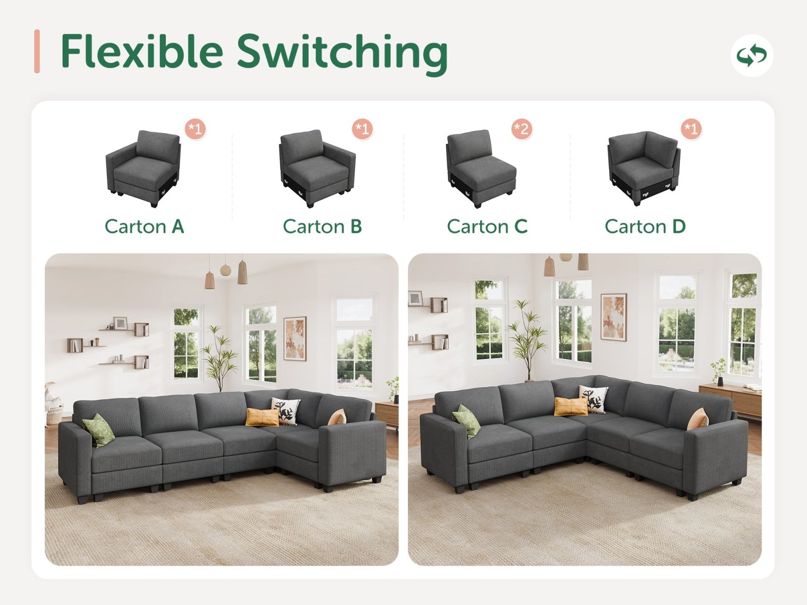 HONBAY 5-Piece Corduroy Modular L-Shaped Sectional Sofa
#Color_Corduroy Grey