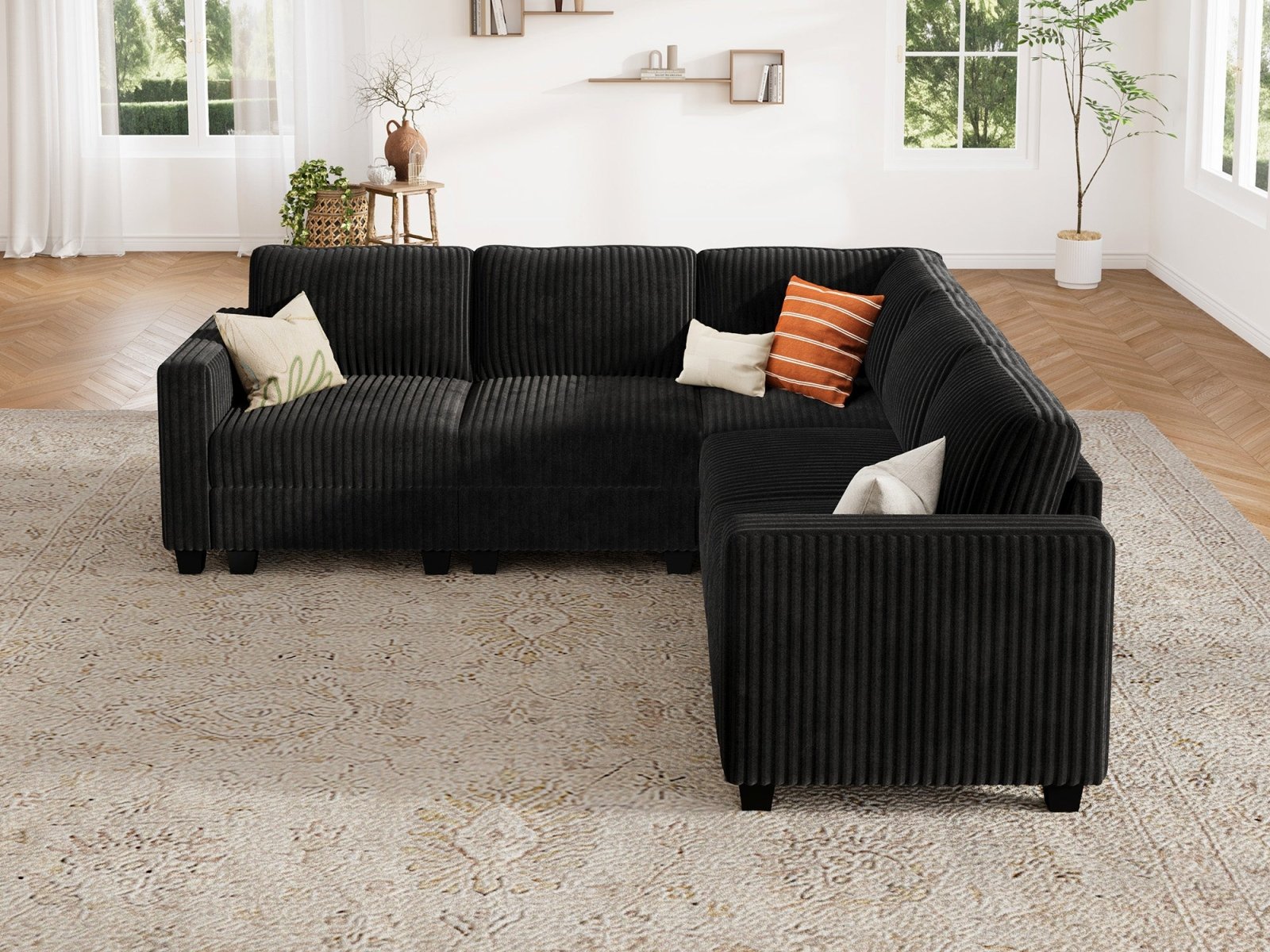 HONBAY 5-Piece Corduroy Modular L-Shaped Sectional Sofa
#Color_Corduroy Black