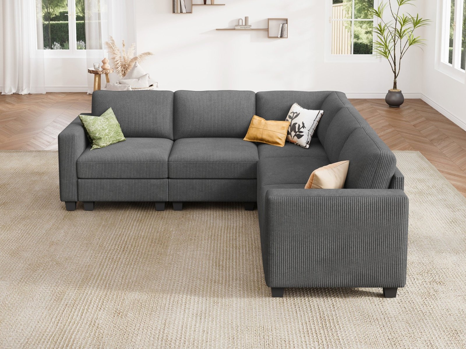 HONBAY 5-Piece Corduroy Modular L-Shaped Sectional Sofa
#Color_Corduroy Grey