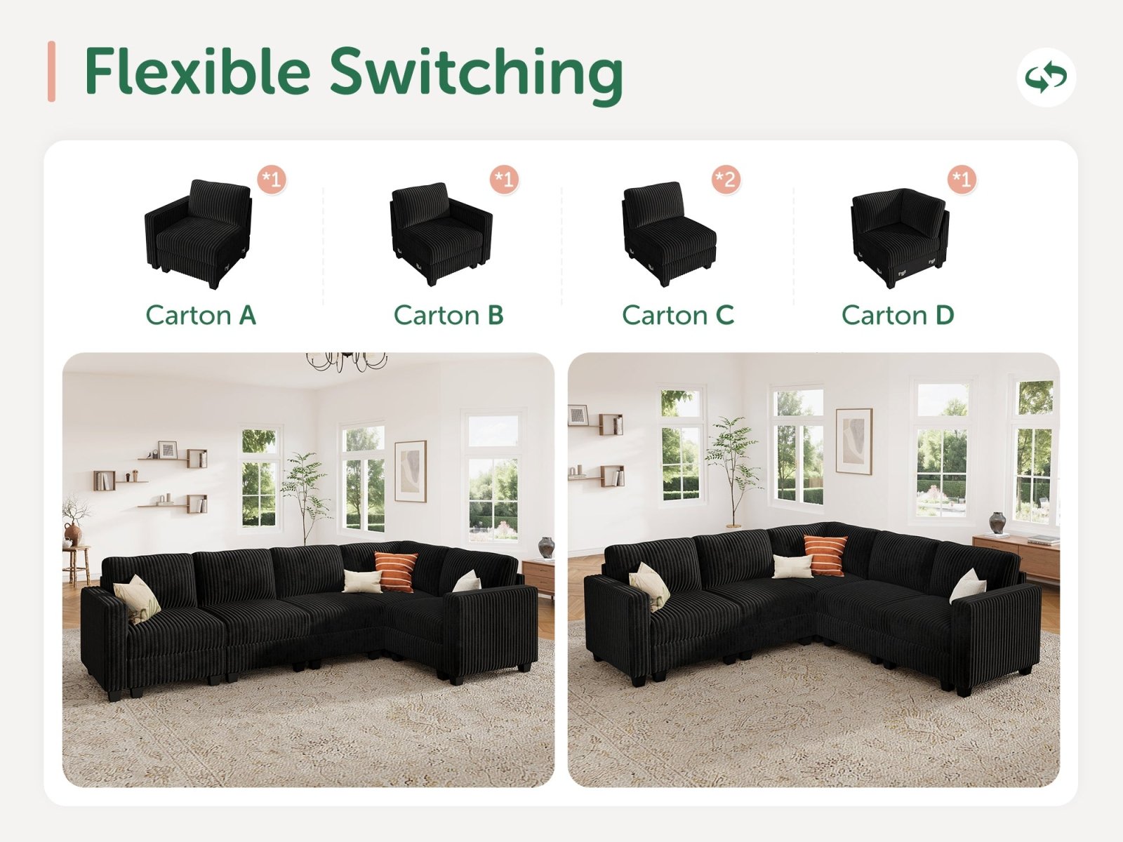 HONBAY 5-Piece Corduroy Modular L-Shaped Sectional Sofa
#Color_Corduroy Black