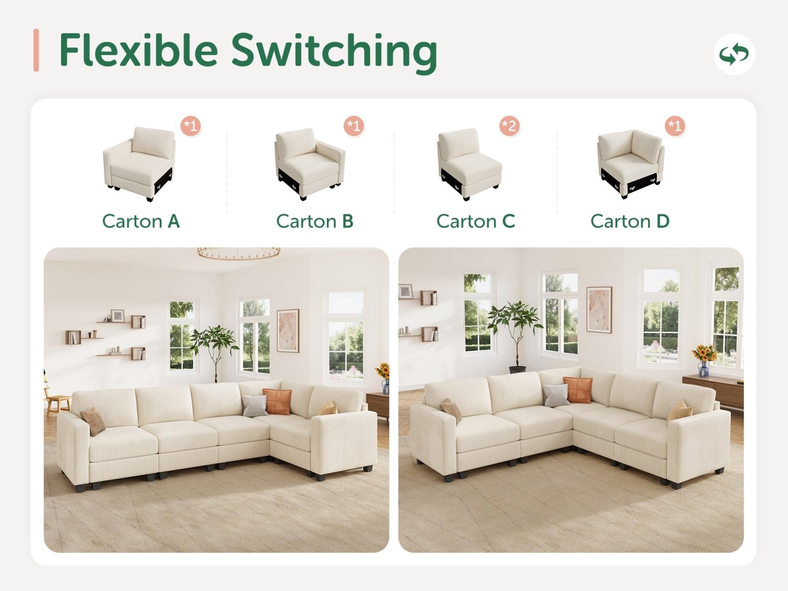HONBAY 5-Piece Corduroy Modular L-Shaped Sectional Sofa
#Color_Corduroy Beige
