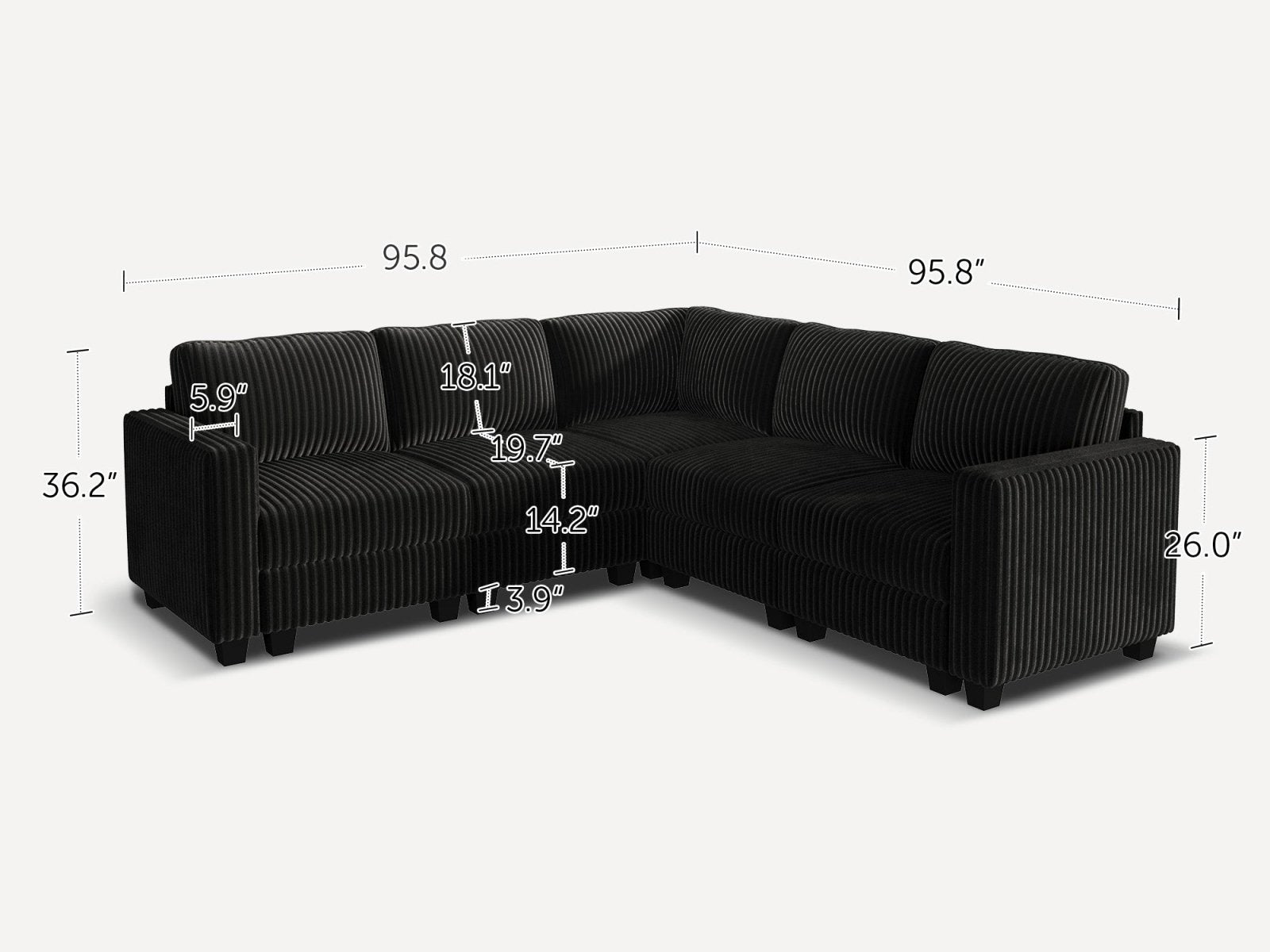 HONBAY 5-Piece Corduroy Modular L-Shaped Sectional Sofa
#Color_Corduroy Black