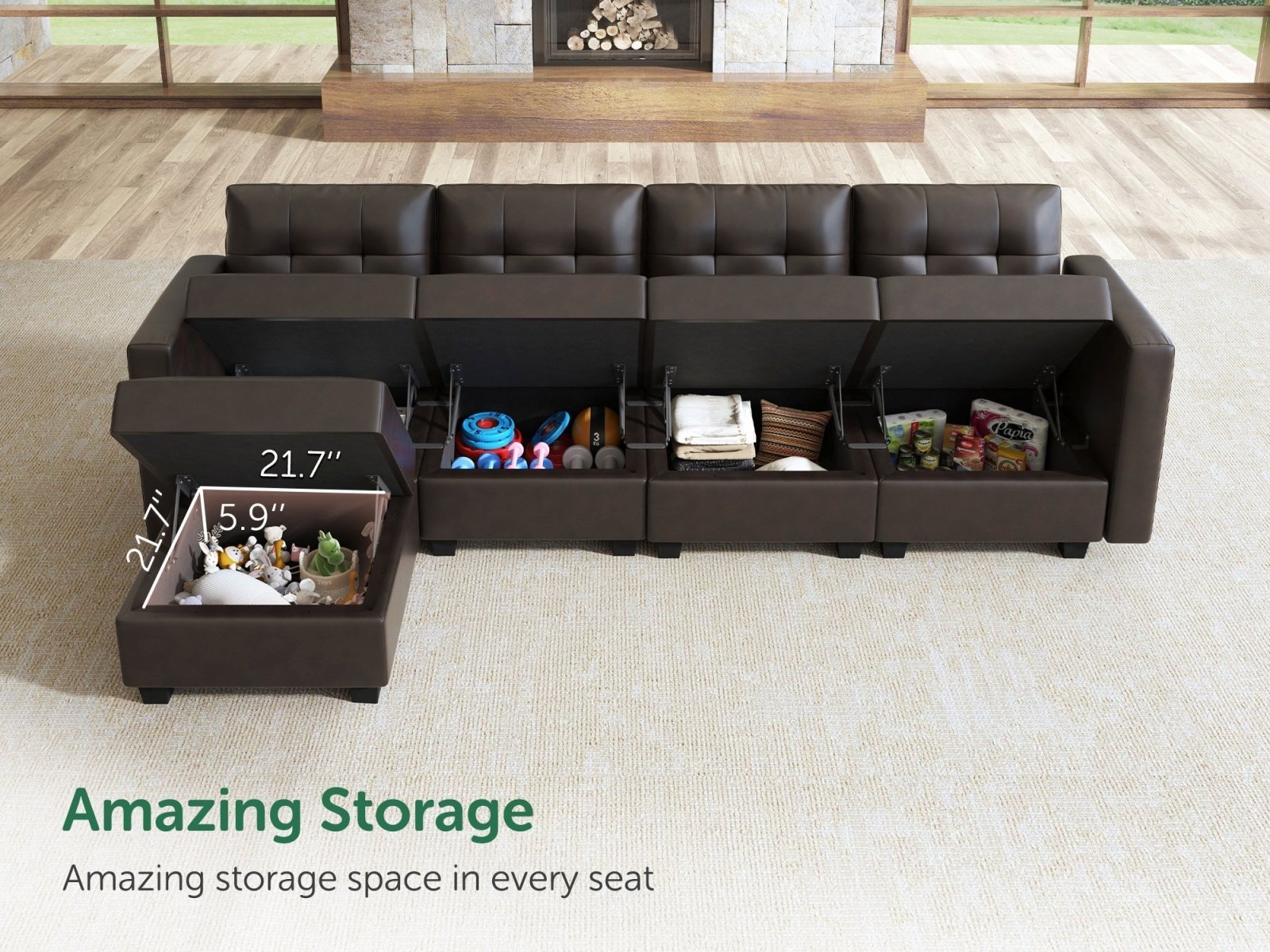 HONBAY 5-Piece Faux Leather Modular Sectional Sofa With Storage Seat