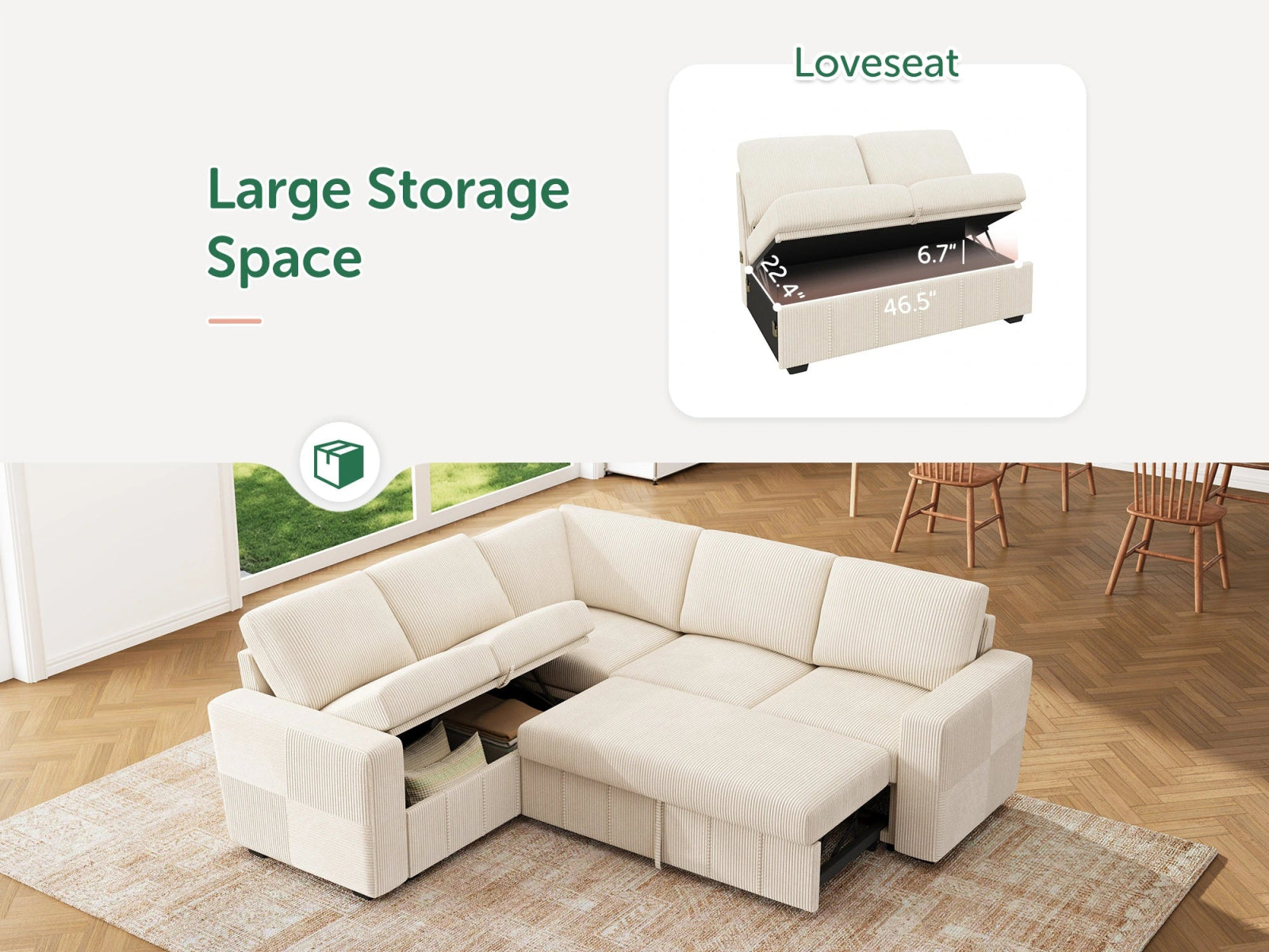 HONBAY 5-Piece Oversized Corduroy Pull-Out Sleeper Sectional Sofa with Storage & Block Arm