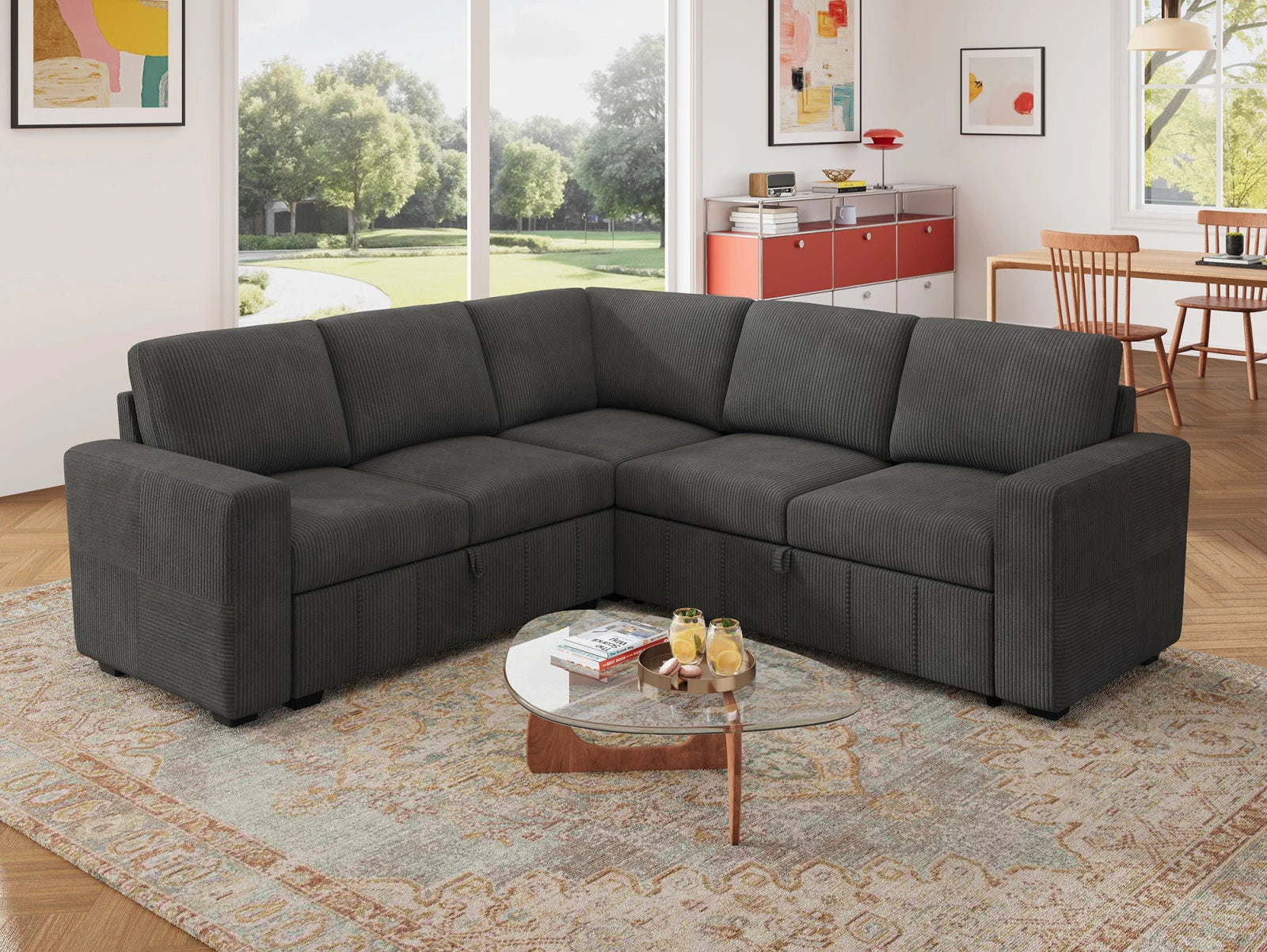 HONBAY 5-Piece Oversized Corduroy Pull-Out Sleeper Sectional Sofa with Storage & Block Arm