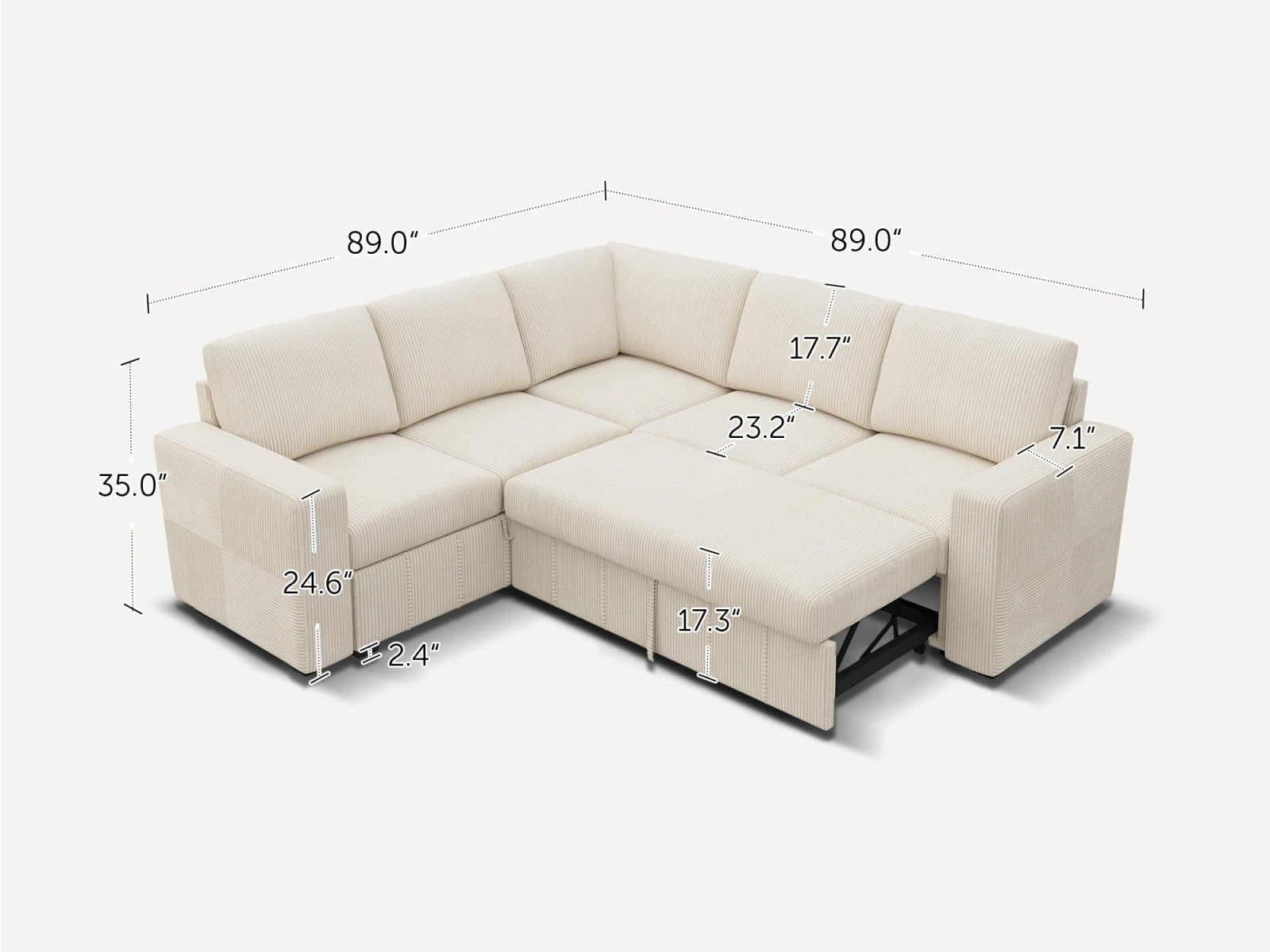 HONBAY 5-Piece Oversized Corduroy Pull-Out Sleeper Sectional Sofa with Storage & Block Arm