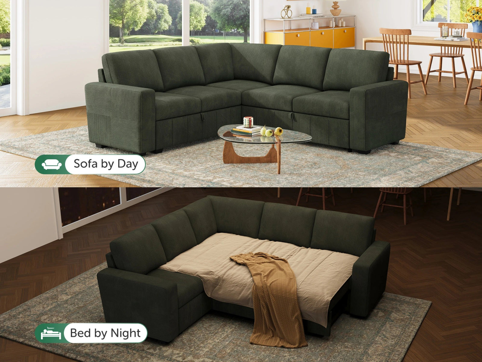 HONBAY 5-Piece Oversized Corduroy Pull-Out Sleeper Sectional Sofa with Storage & Block Arm