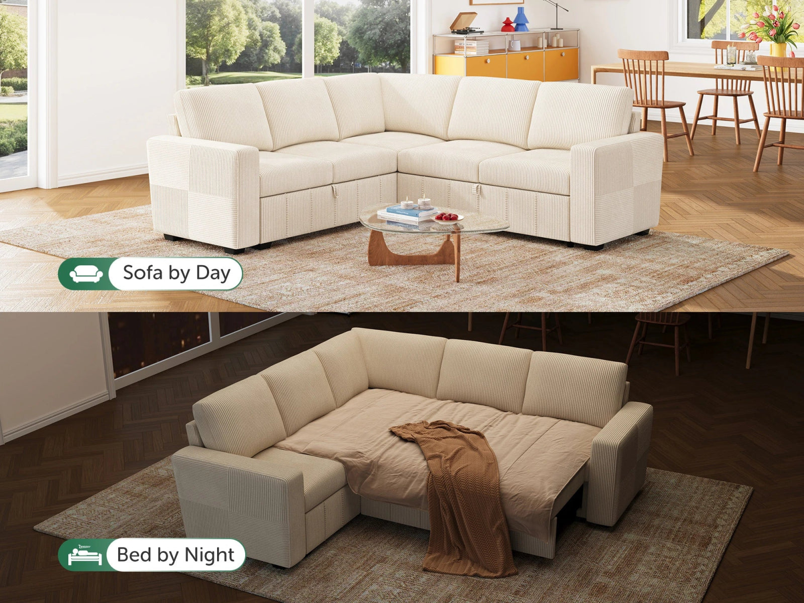 HONBAY 5-Piece Oversized Corduroy Pull-Out Sleeper Sectional Sofa with Storage & Block Arm