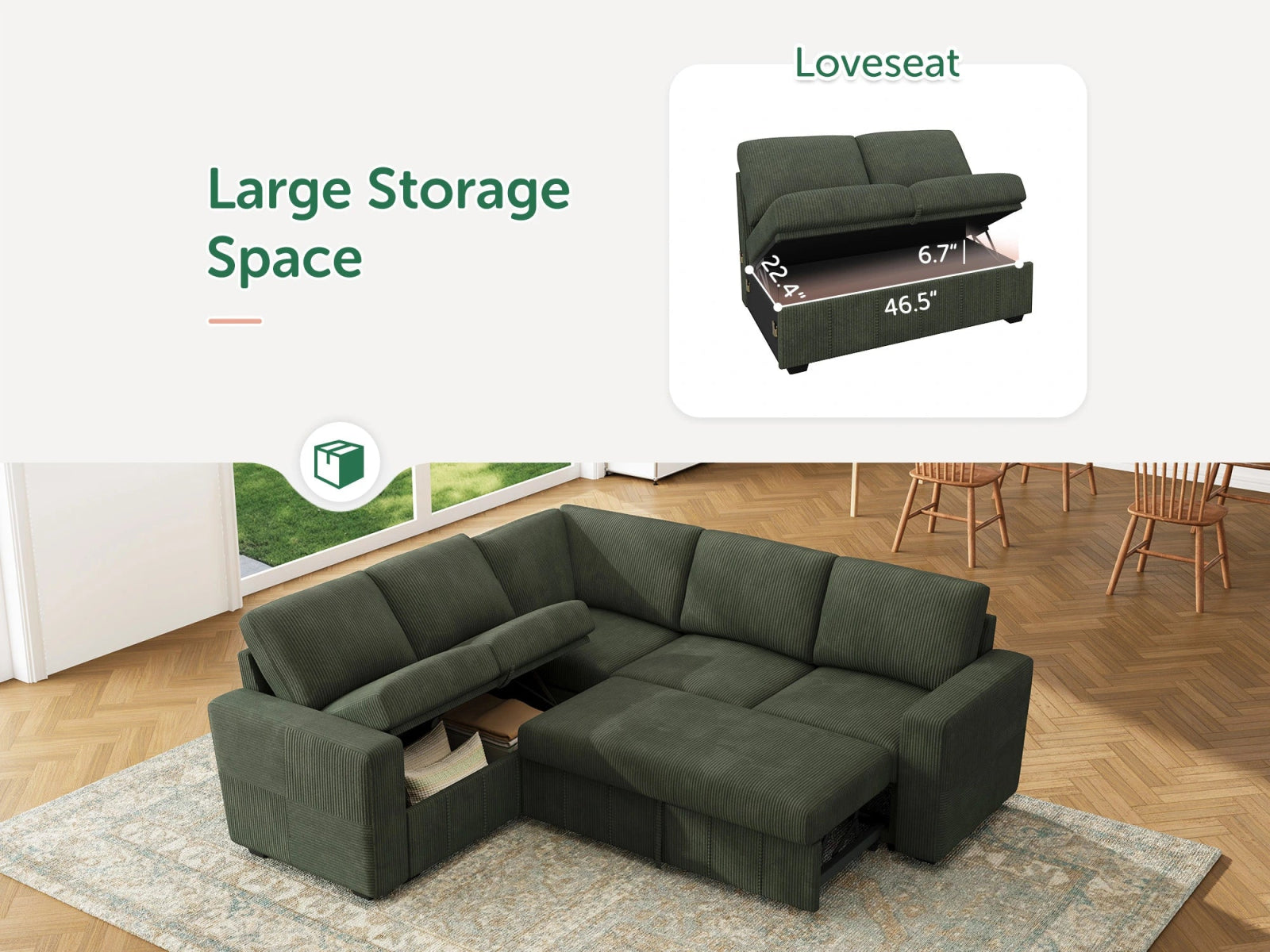 HONBAY 5-Piece Oversized Corduroy Pull-Out Sleeper Sectional Sofa with Storage & Block Arm
