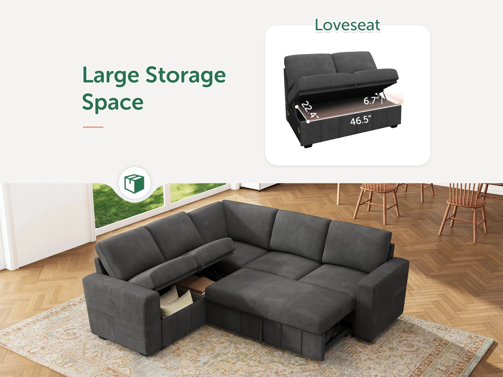 HONBAY 5-Piece Oversized Corduroy Pull-Out Sleeper Sectional Sofa with Storage & Block Arm