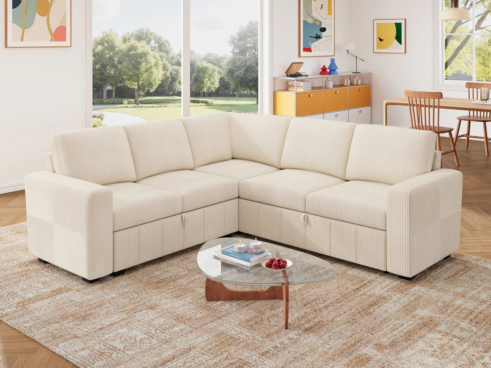 HONBAY 5-Piece Oversized Corduroy Pull-Out Sleeper Sectional Sofa with Storage & Block Arm