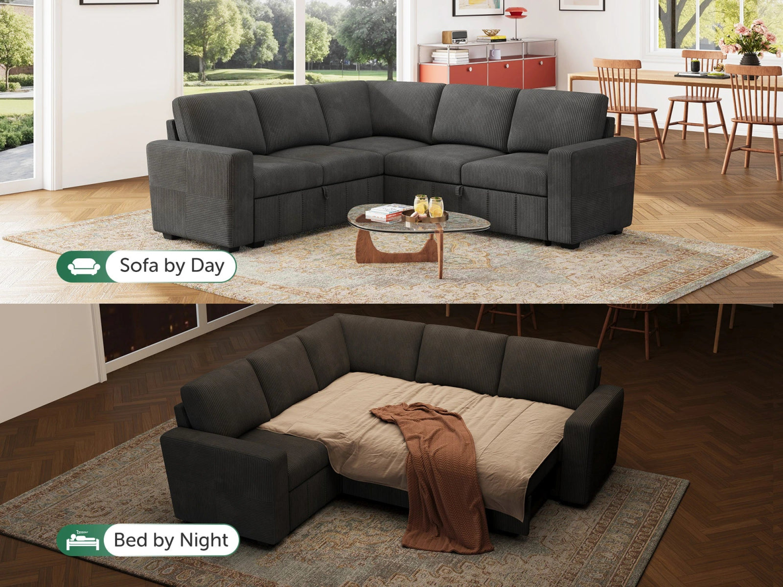 HONBAY 5-Piece Oversized Corduroy Pull-Out Sleeper Sectional Sofa with Storage & Block Arm