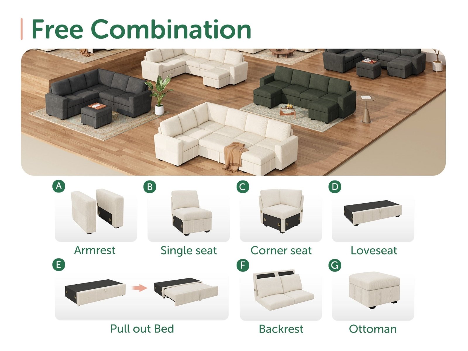 8-Piece Corduroy U-Shaped  Sleeper Sectional 
#Color_Corduroy Beige