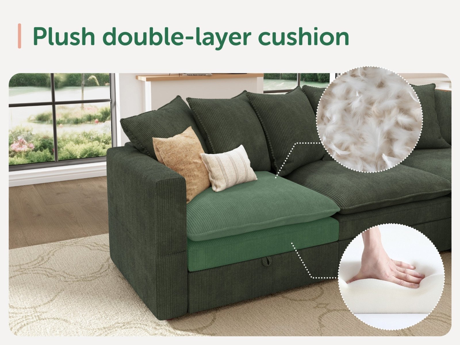 HONBAY 5-Piece Plush double-layer Cushion Corduroy Modular U-Shaped Sectional Cloud Sofa
#Color_Corduroy Green