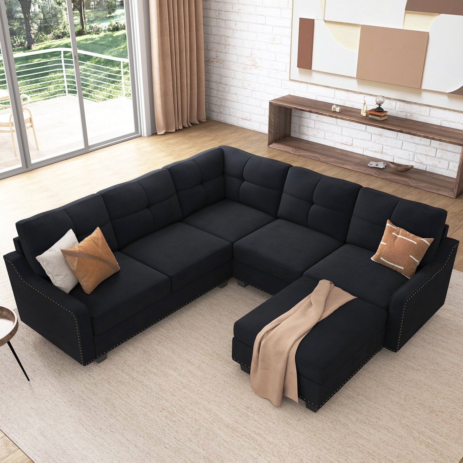 HONBAY 5 Piece Velvet Convertible Sectional