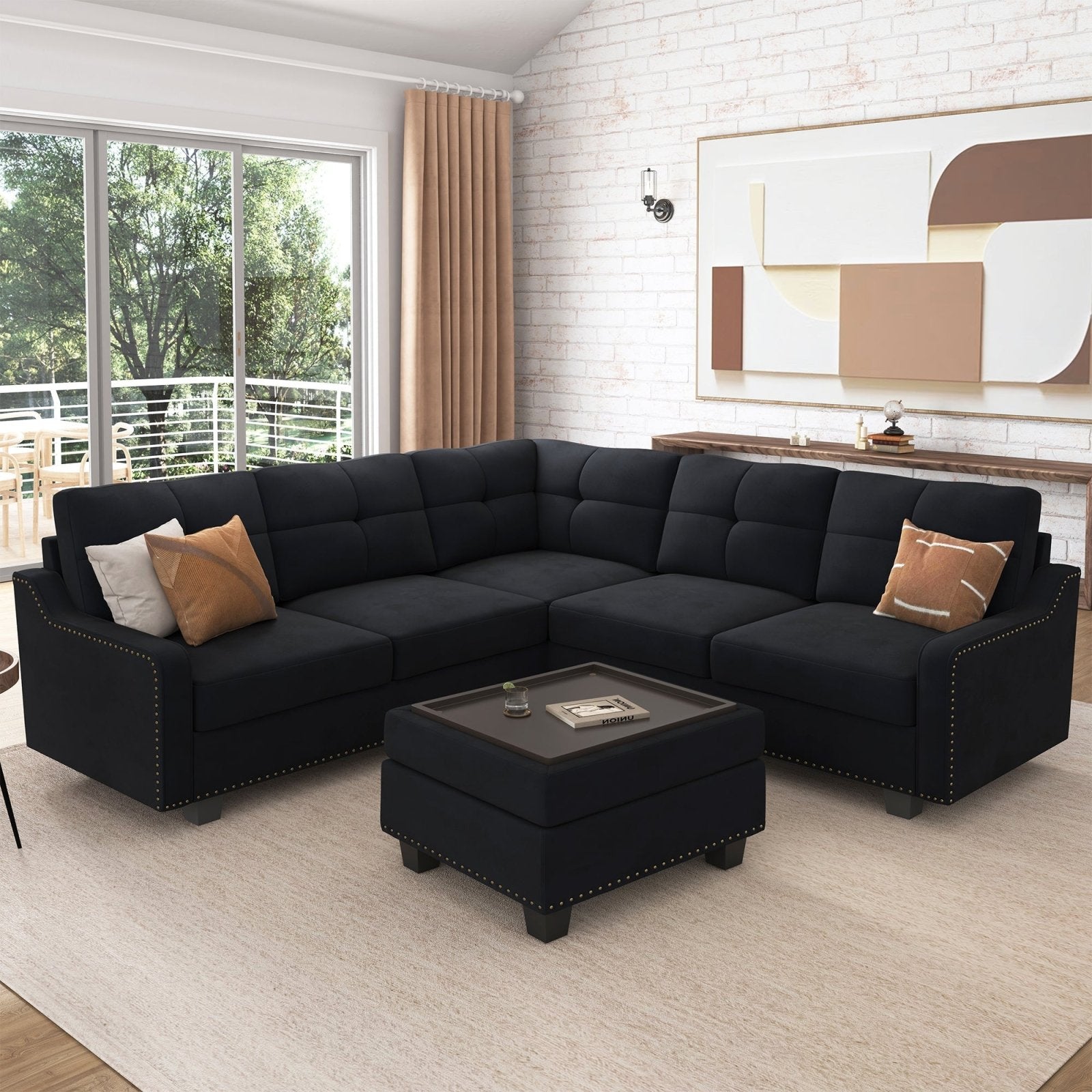 HONBAY 5 Piece Velvet Convertible Sectional