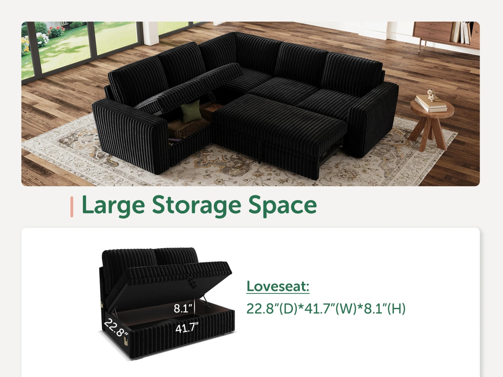5-Piece Wide Plush Corduroy Modular Sleeper
 #Color_Black