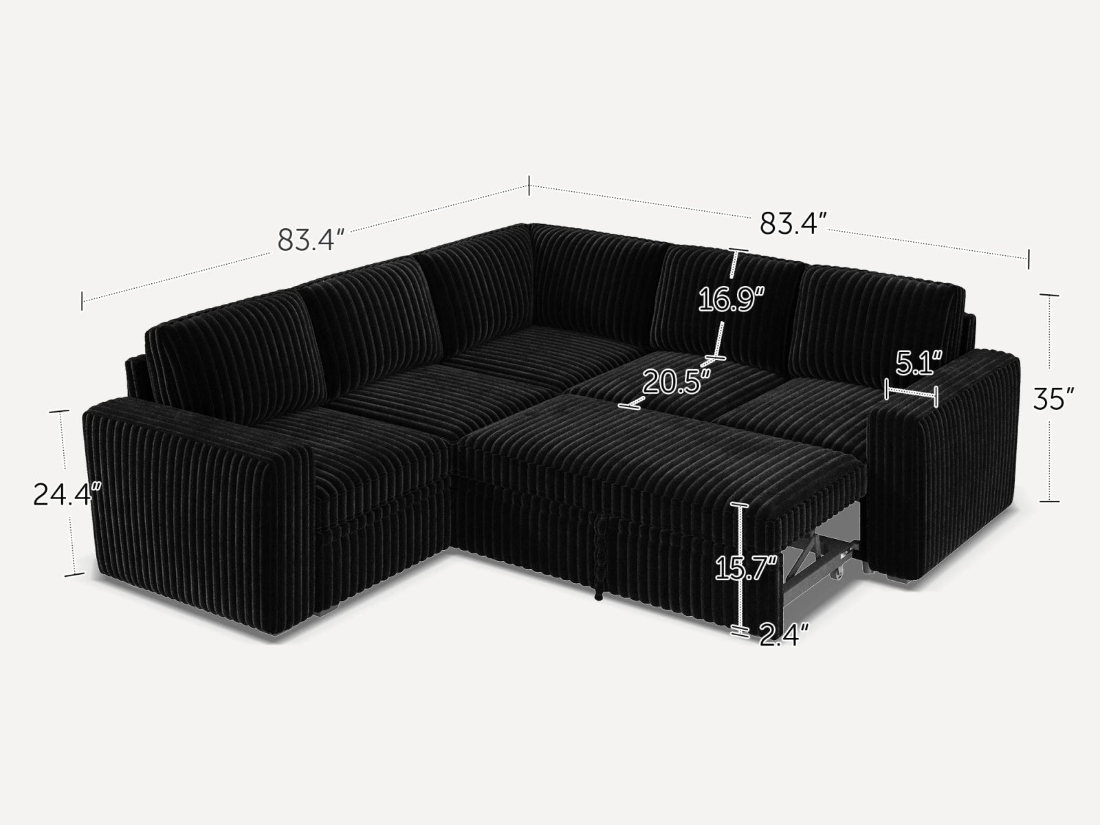 5-Piece Wide Plush Corduroy Modular Sleeper
 #Color_Black